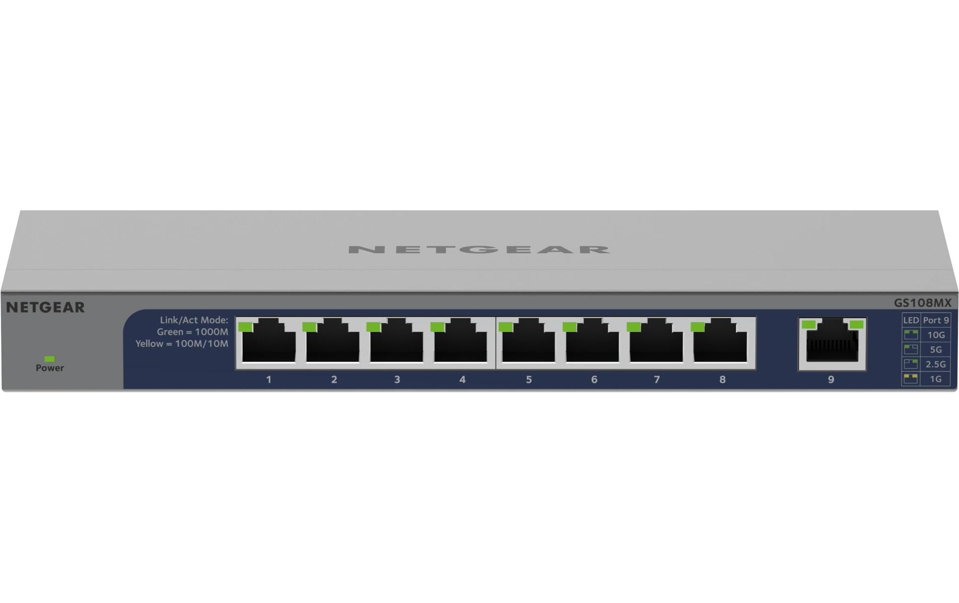NETGEAR GS108MX-100EUS – Unmanaged L2 Switch – 8× 1G, 1× 10G, Desktop (Rack-Montage-Set)