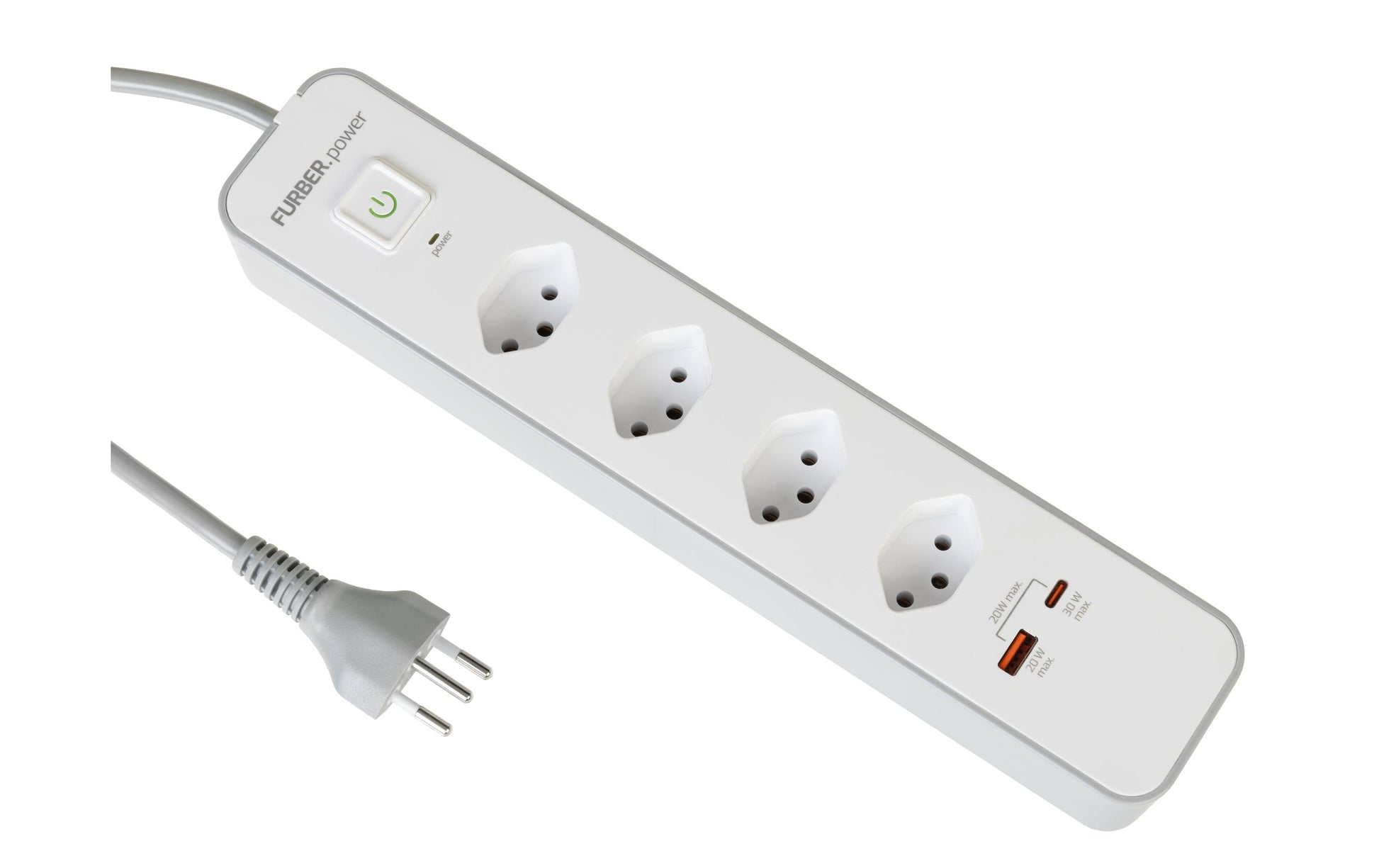 Furber. F.power Steckdosenleiste – 4× T13, USB‑A/C, 1,5 m, mit Schalter, Weiss