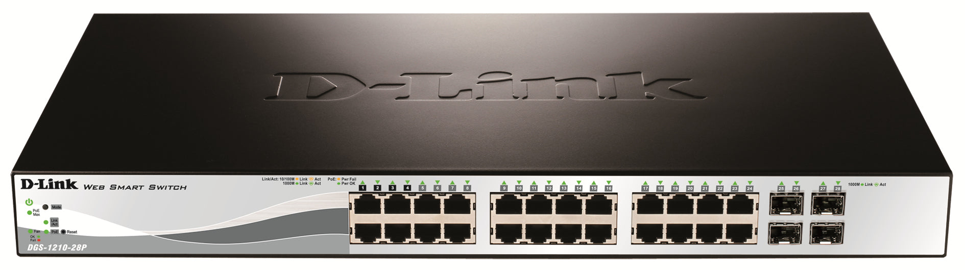 D-Link DGS-1210-28P – Verwalteter L2 Switch – 24× 1G, 4× SFP, PoE+, PoE-Budget 193 W, 19", 1U