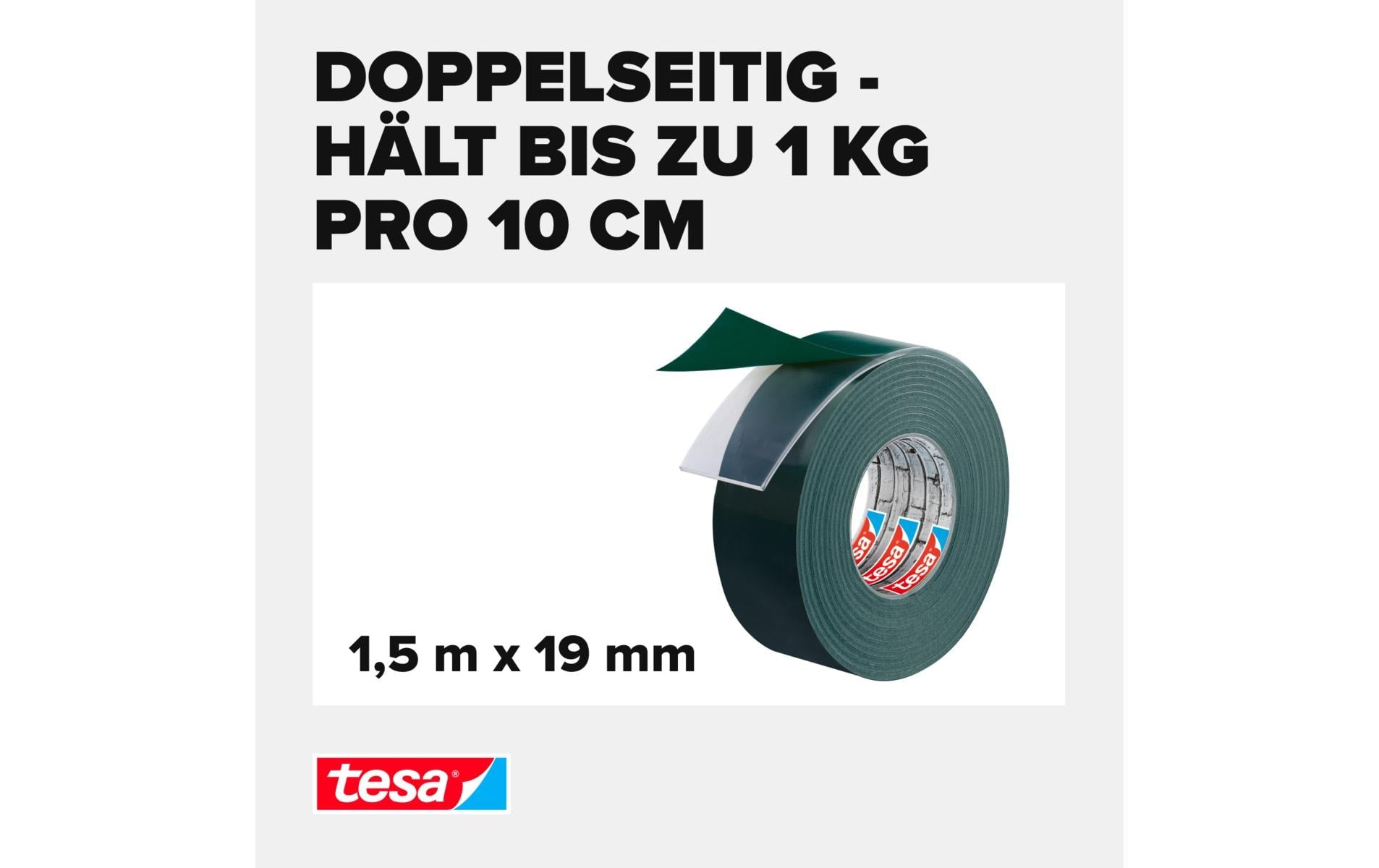 TESA Powerbond Montageband Aussen – 19 mm × 1,5 m, schwarz, bis 10 kg/10 cm, UV-beständig, wasserfest