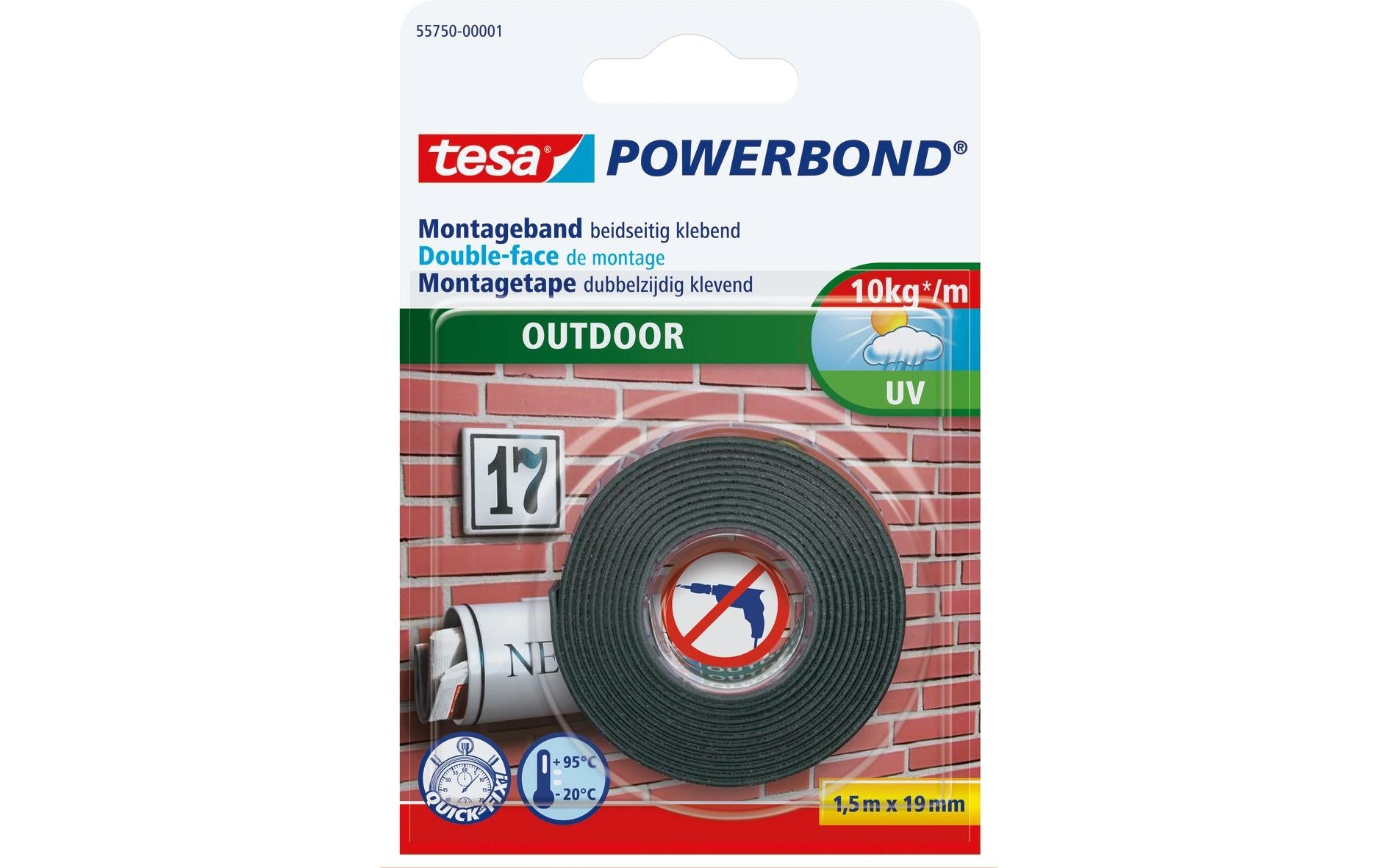 TESA Powerbond Montageband Aussen – 19 mm × 1,5 m, schwarz, bis 10 kg/10 cm, UV-beständig, wasserfest
