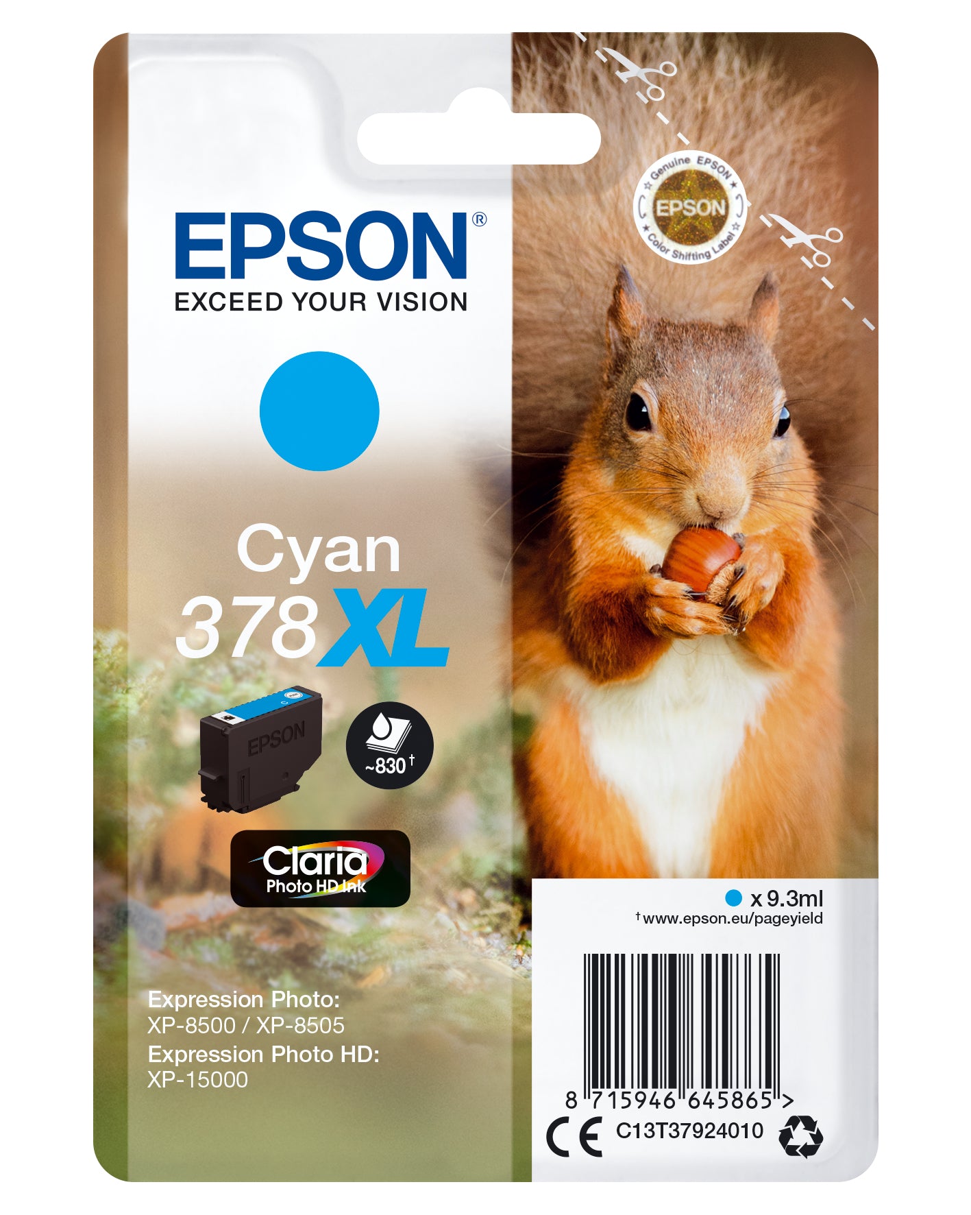 Epson 378XL Cyan Tintenpatrone (Original) – 830 Seiten – für XP-8500, XP-15000