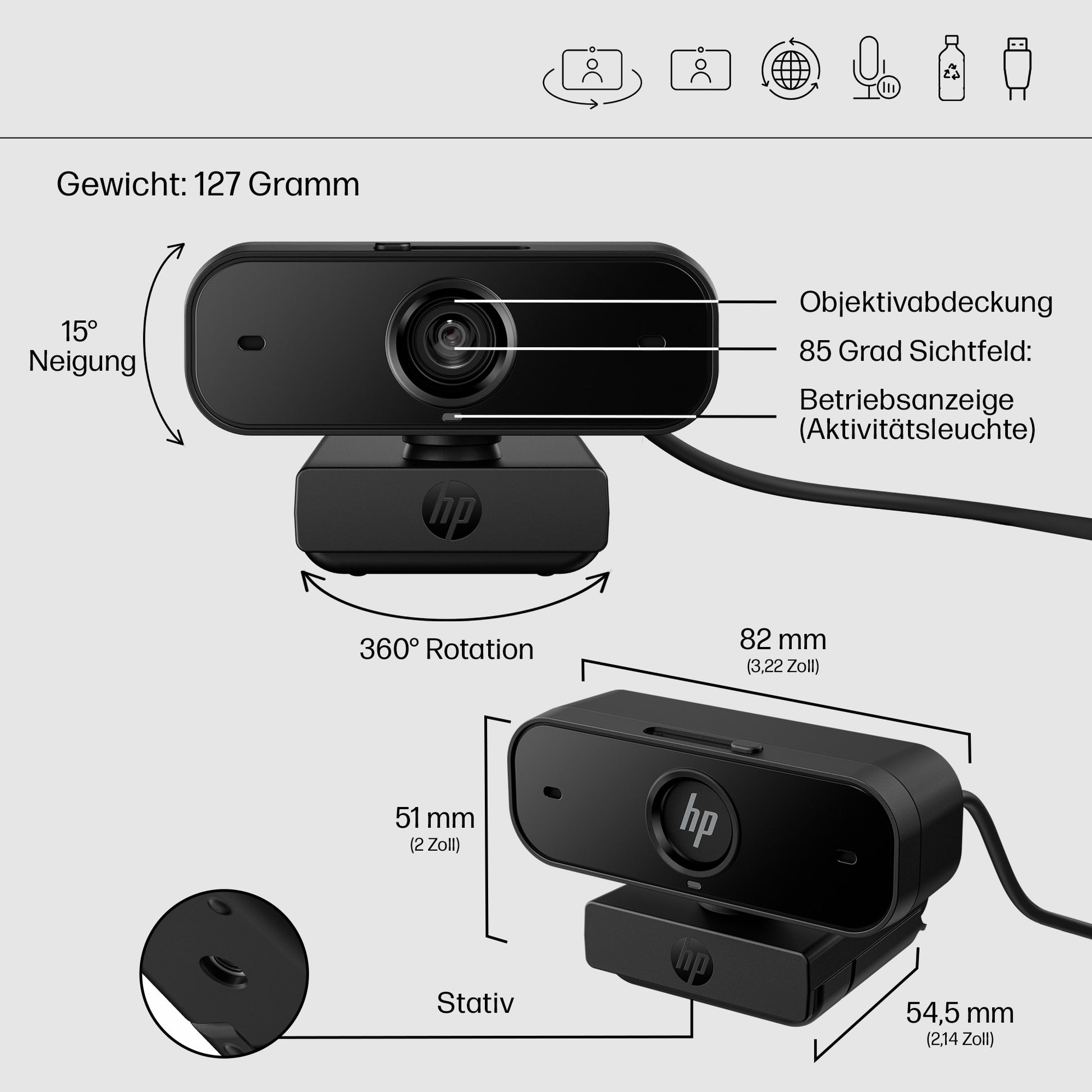 HP 430 FHD Webcam – Full HD 1080p, 60 fps, Autofokus, USB 2.0 – Schwarz