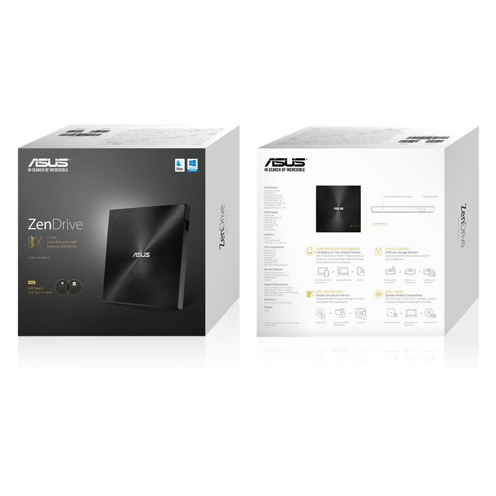 ASUS ZenDrive U9M (SDRW-08U9M-U) – Slimline externes DVD±RW, USB-C/USB-A, 8× DVD+R, Schwarz