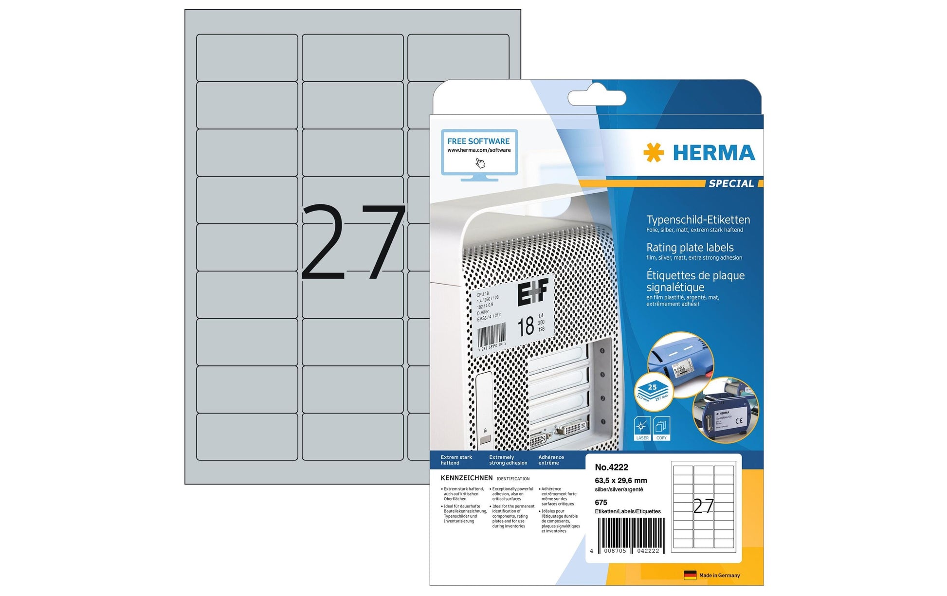 HERMA Drucketiketten, 63,5 mm × 29,6 mm, silber, Folie, extra stark, 25 Blatt (675 Etiketten)