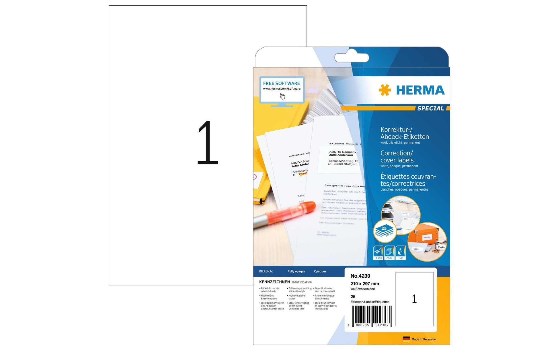 HERMA Druckeretiketten, 210 mm × 297 mm, weiss, Papier, permanent, 25 Blatt