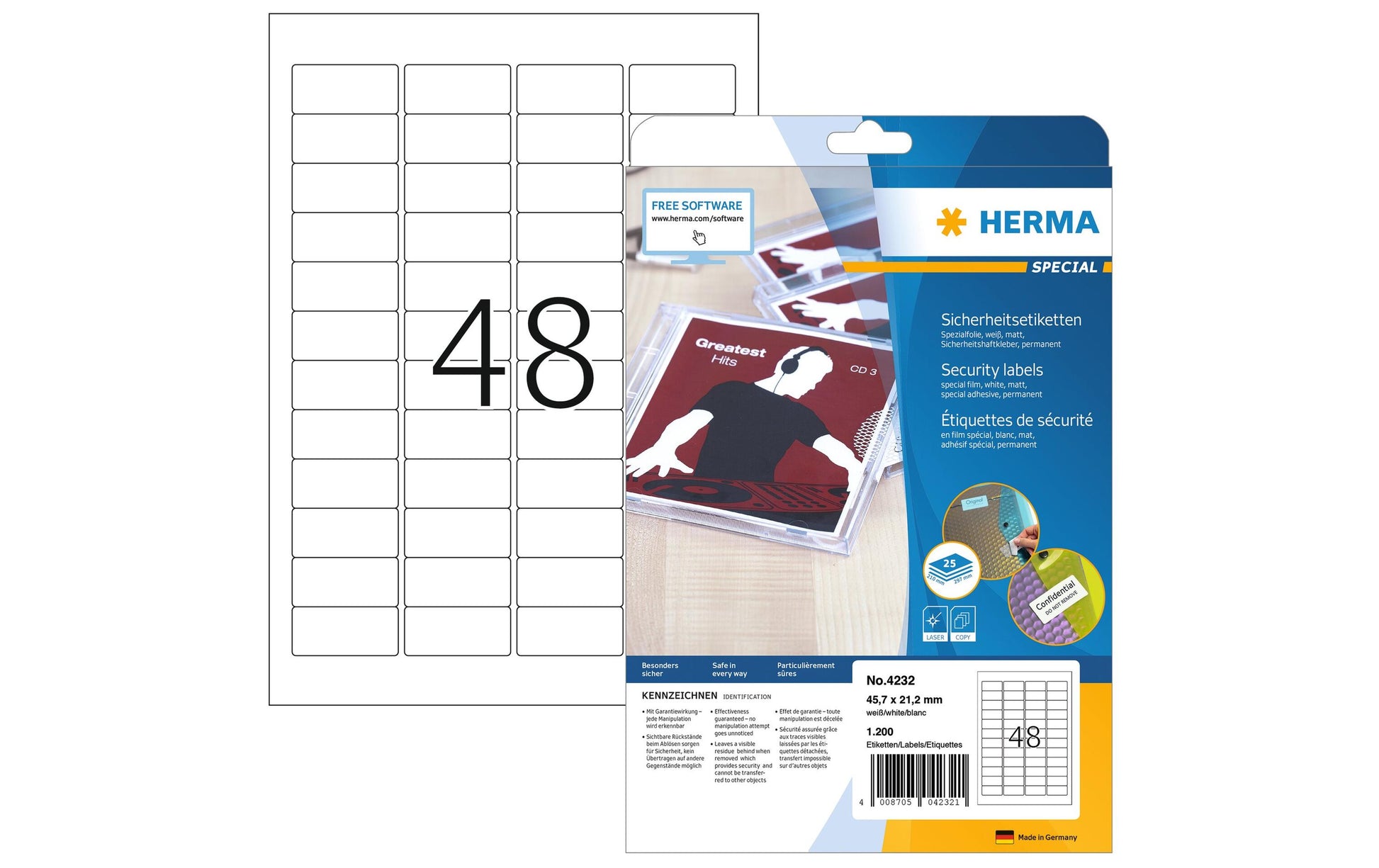 HERMA Etiketten A4 46 × 21 mm – Folie, weiss – permanent haftend – Laser – 48 pro Blatt, 25 Blätter