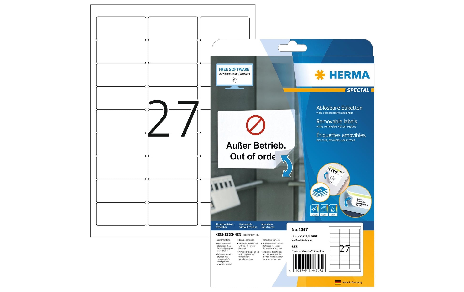 HERMA Special – Etiketten A4 63,5 × 29,6 mm – Papier, matt – wiederablösbar – Laser/Inkjet – 27 pro Blatt, 25 Blätter