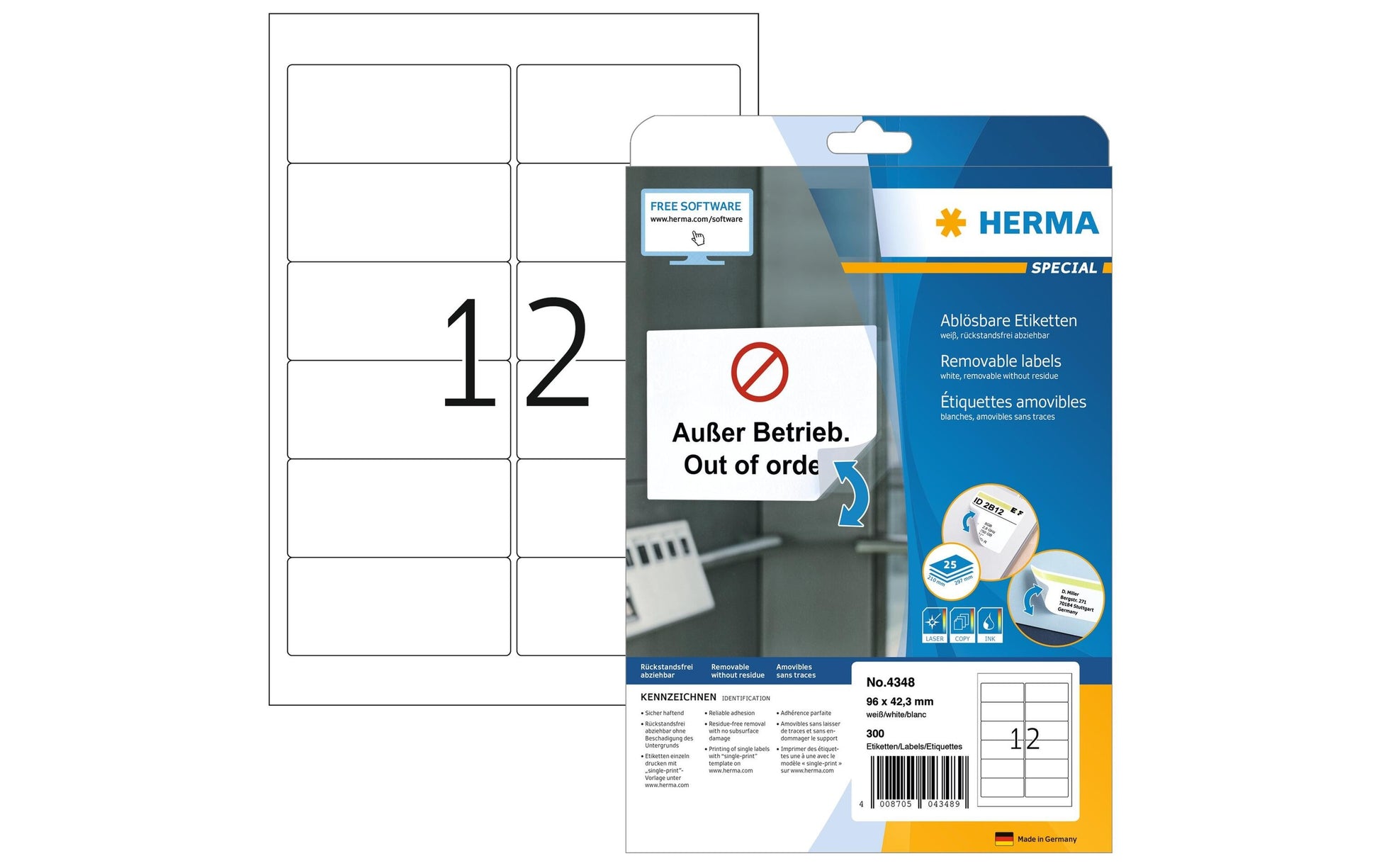 HERMA Drucketiketten, 96 mm × 42 mm, weiss, Papier, ablösbar, 25 Blätter (300 Etiketten)