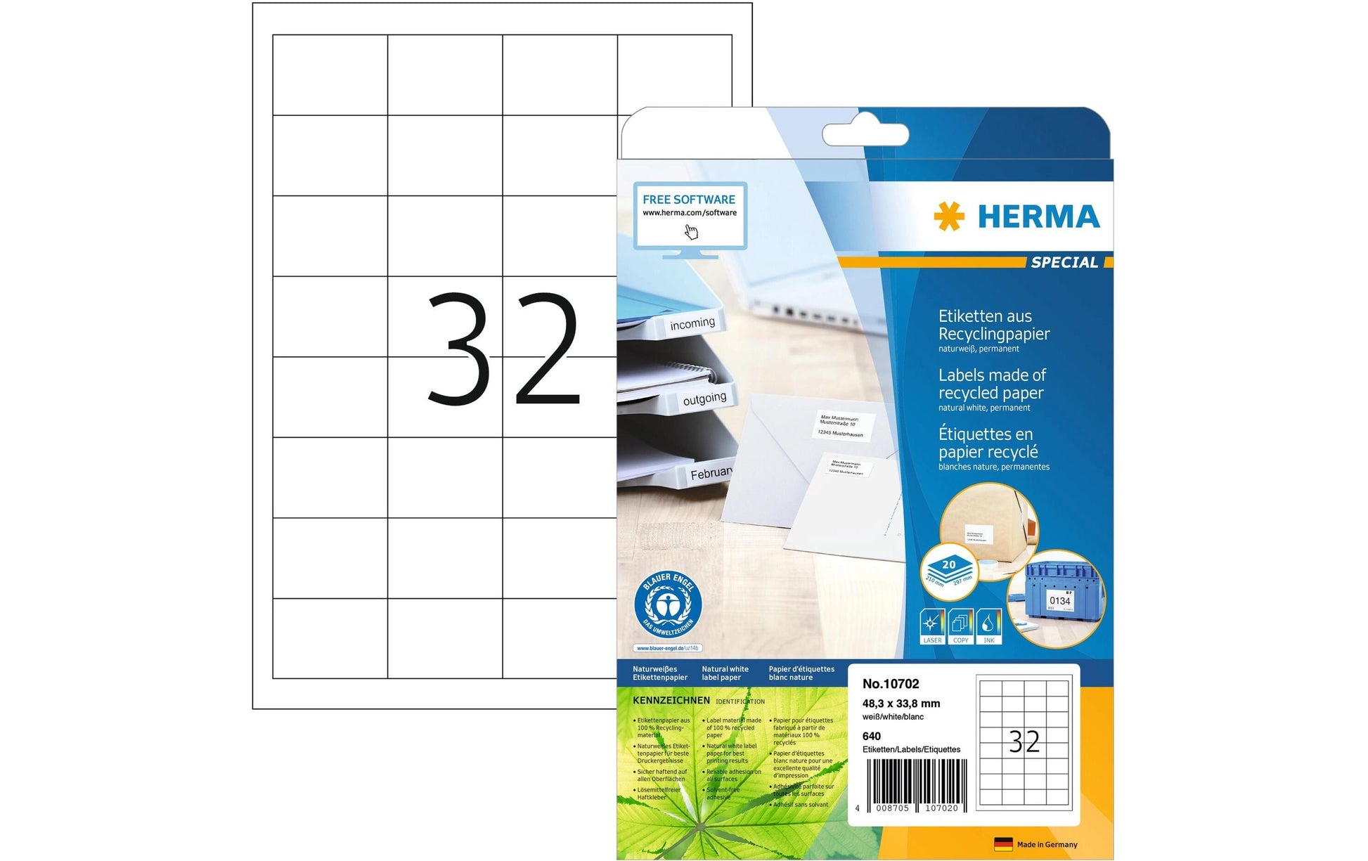 HERMA Druckeretiketten, 48 mm × 34 mm, naturweiss, Altpapier, permanent, 20 Blatt (640 Etiketten)