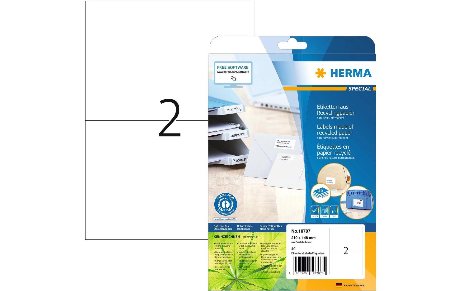 HERMA Etiketten, 210 mm × 148 mm, naturweiss, Altpapier, permanent, 20 Blatt (40 Etiketten)