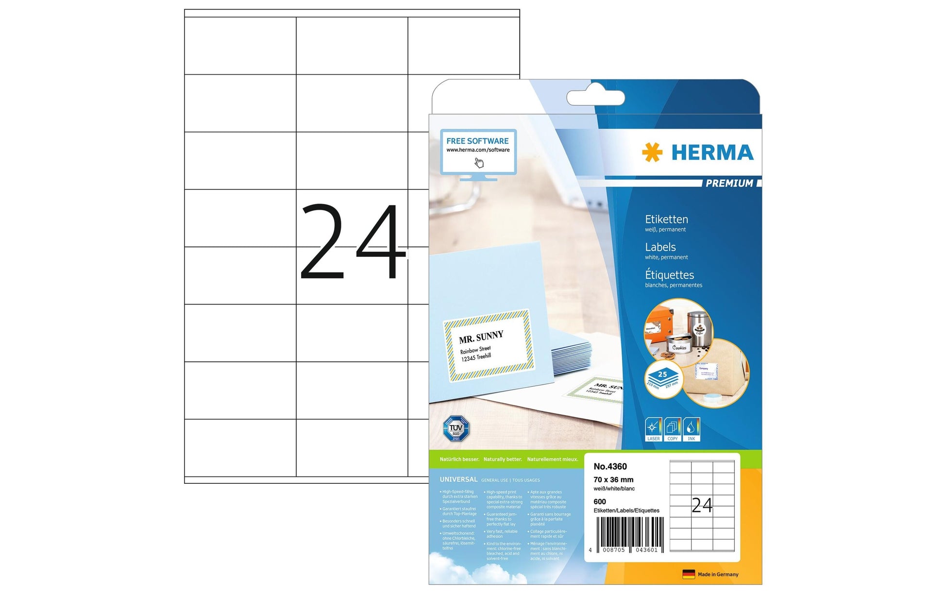 HERMA Etiketten, 70 mm × 36 mm, weiss, Papier, permanent, 25 Blätter (600 Etiketten)