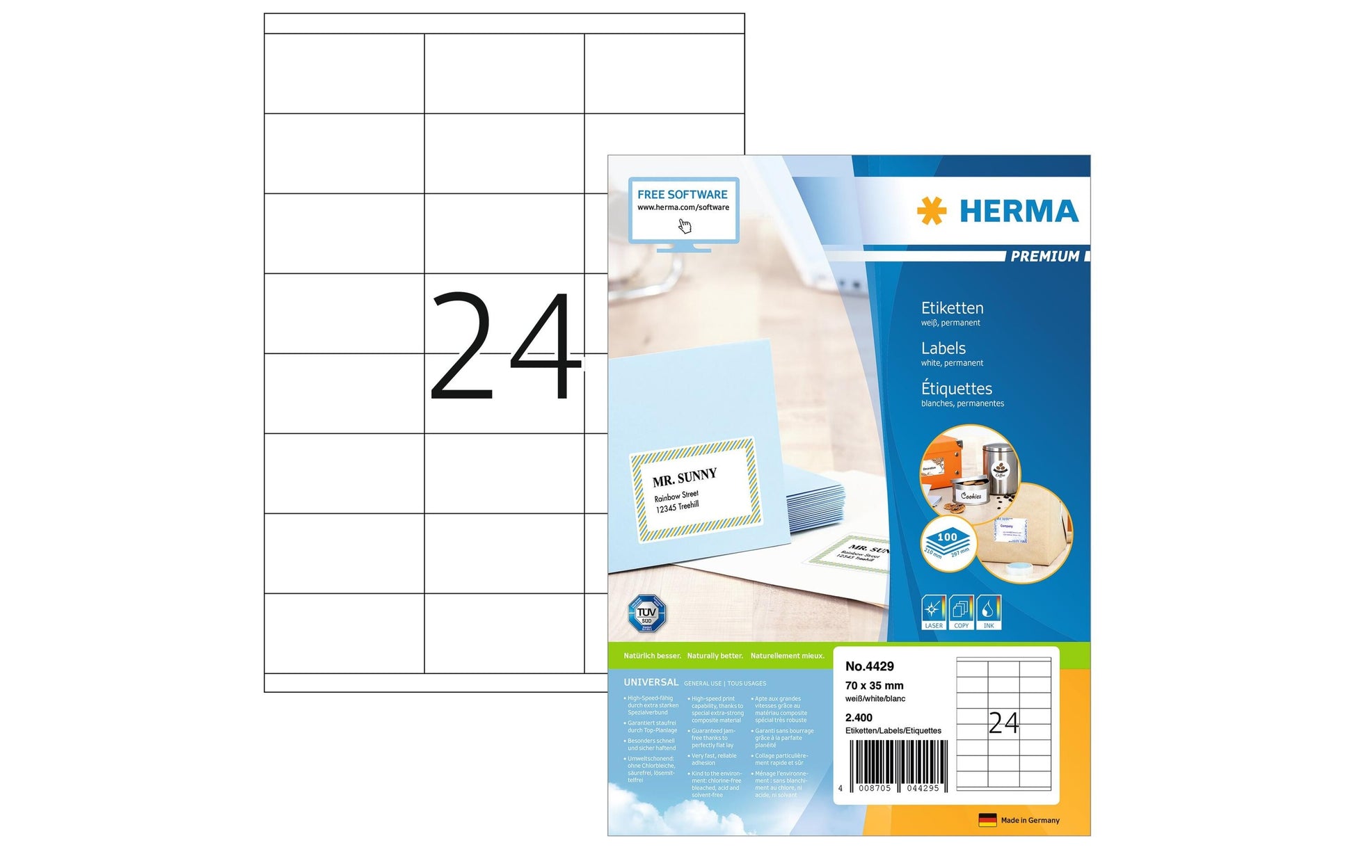 HERMA Etiketten auf Bögen, 70 mm × 35 mm, weiss, Papier, permanent, 100 Blatt (2'400 Etiketten)