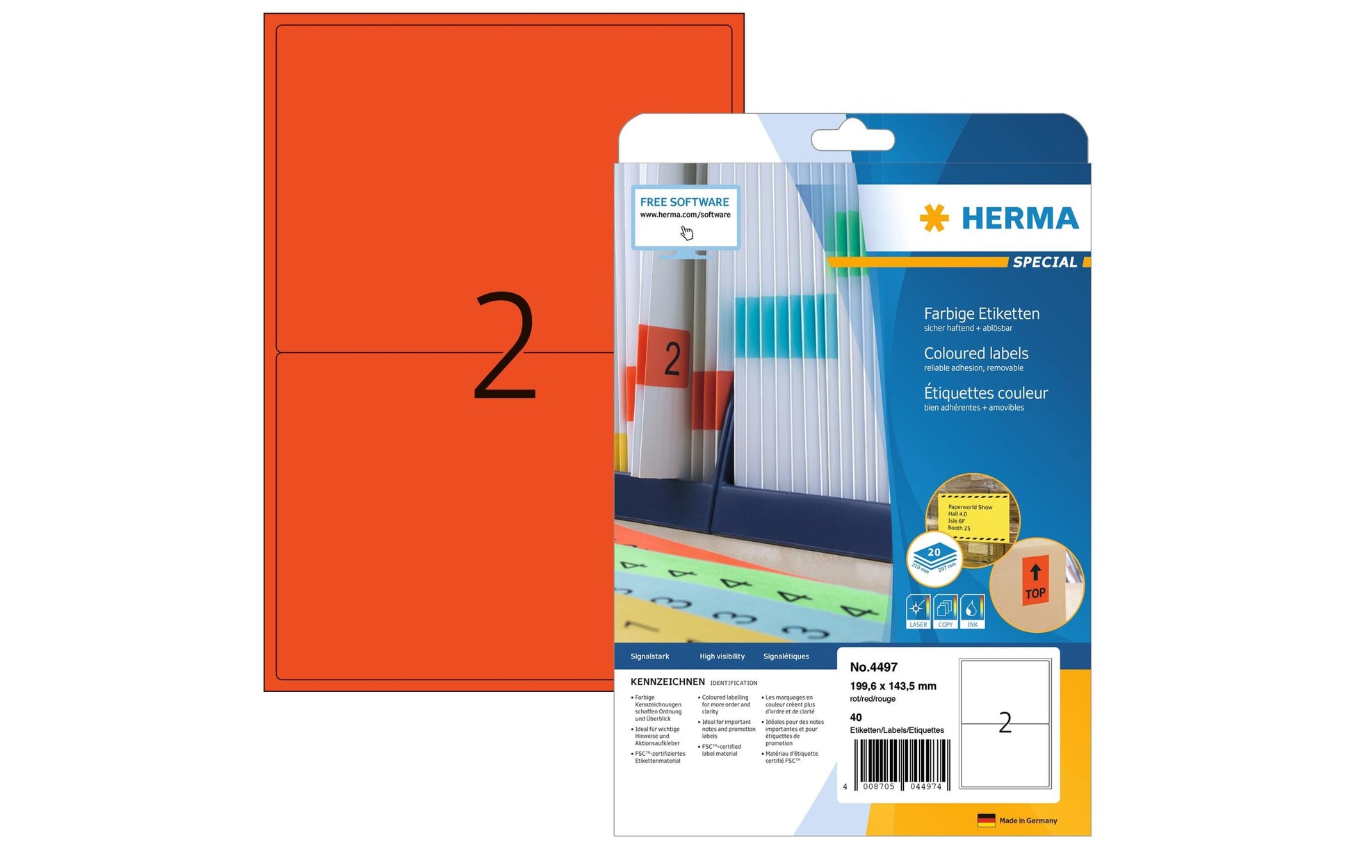 HERMA Bogenetiketten, 200 mm × 144 mm, rot, Papier, wiederablösbar, 20 Blätter (40 Etiketten)