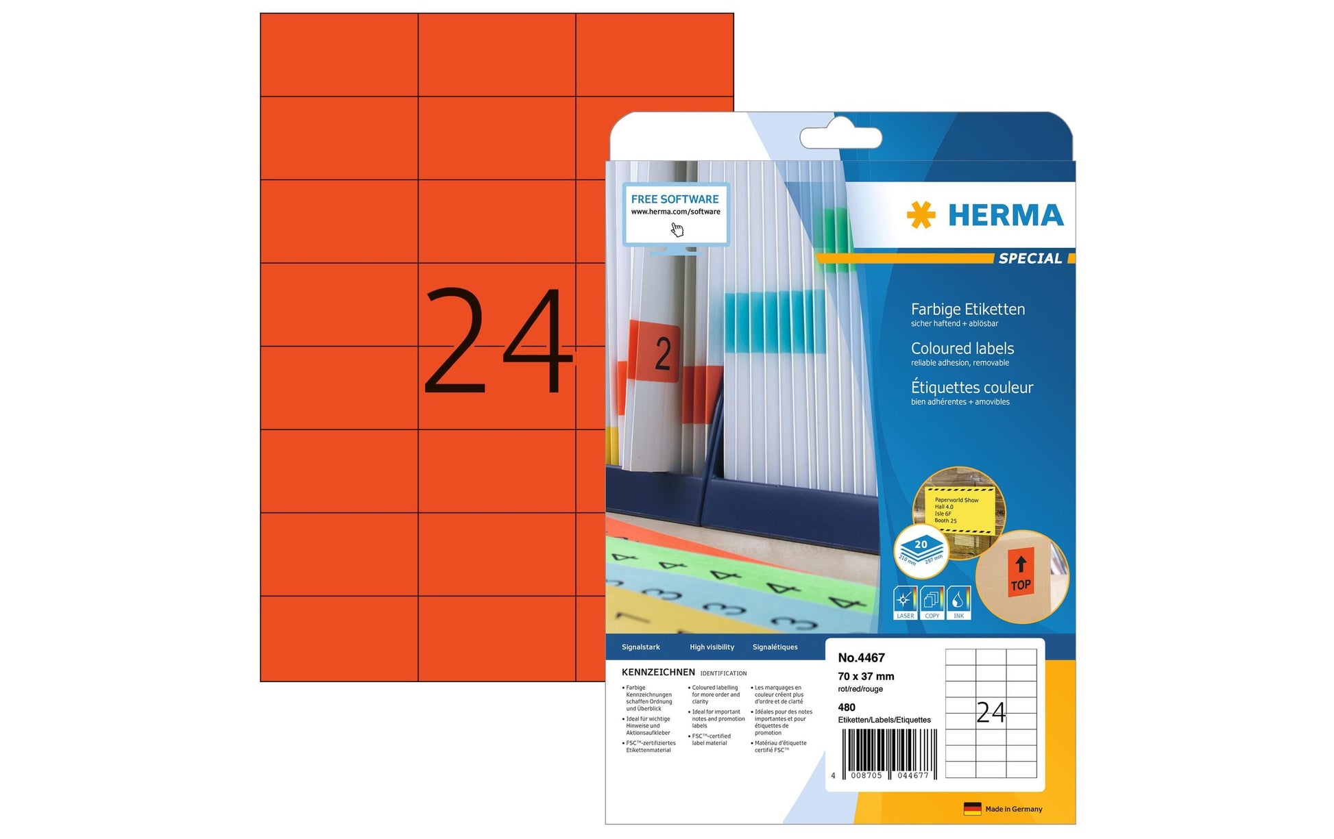 HERMA Etiketten, 70 mm × 37 mm, rot, Papier, selbstklebend, 480 Etiketten (20 Blätter)