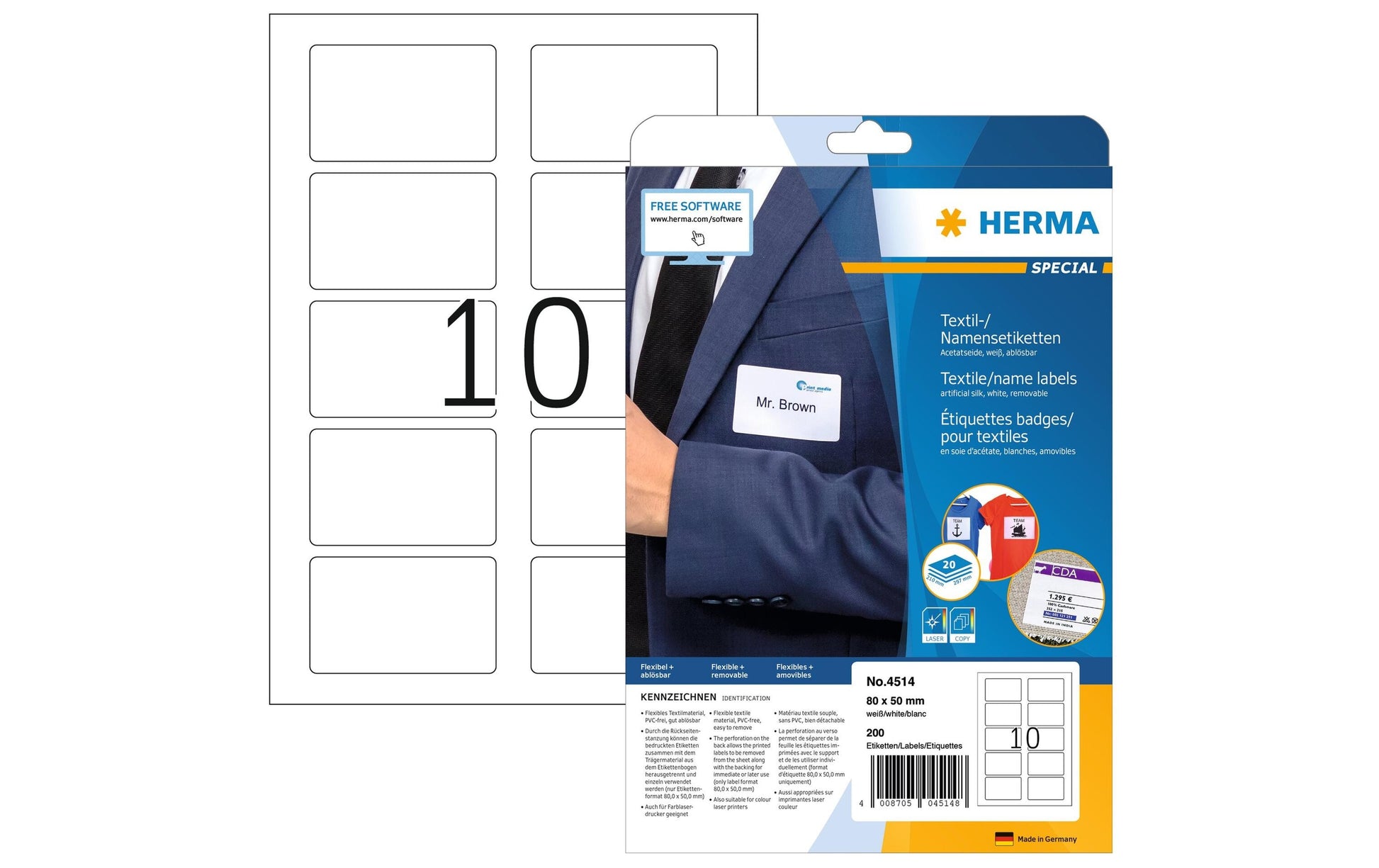 HERMA Schuletiketten – 80×50 mm, Abgerundete Ecken, 200 Stk, 20 Bogen, Textil, Ablösbar