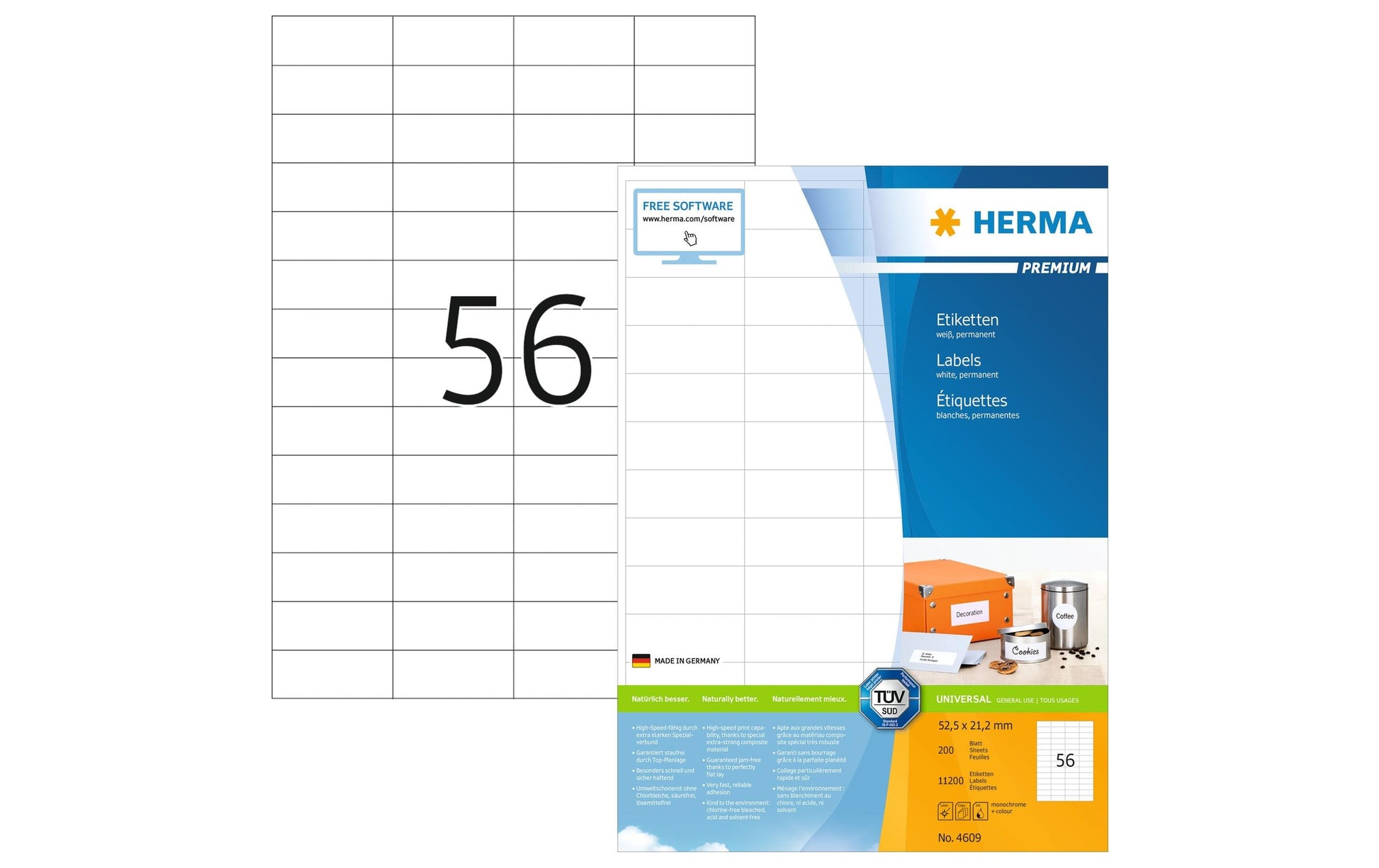 HERMA Druckeretiketten, 53 mm × 21 mm, weiss, Papier, permanent, 200 Blatt
