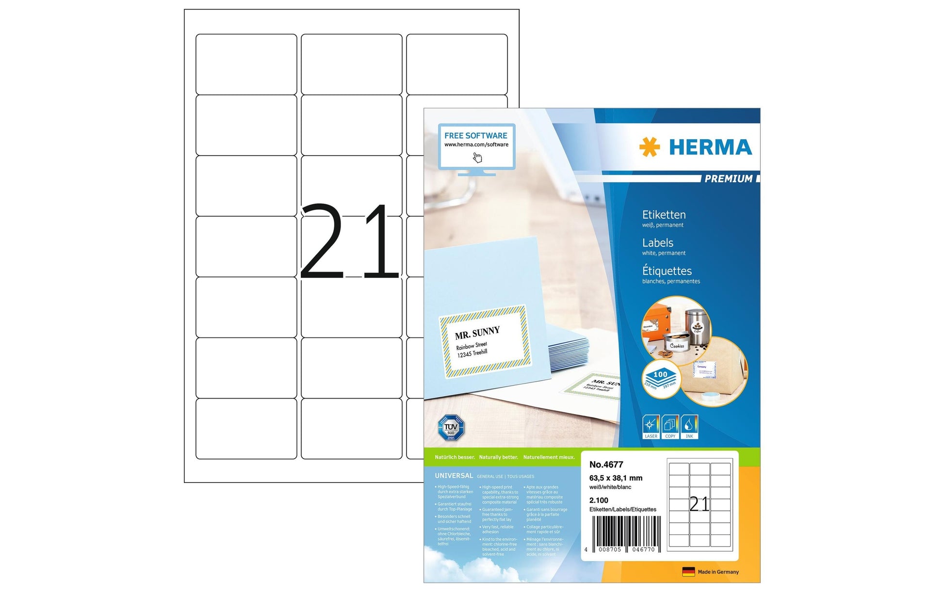 HERMA Etiketten A4 64×38 mm – Papier – permanent haftend – Laser/Inkjet – 100 Blätter (2'100 Stk.)