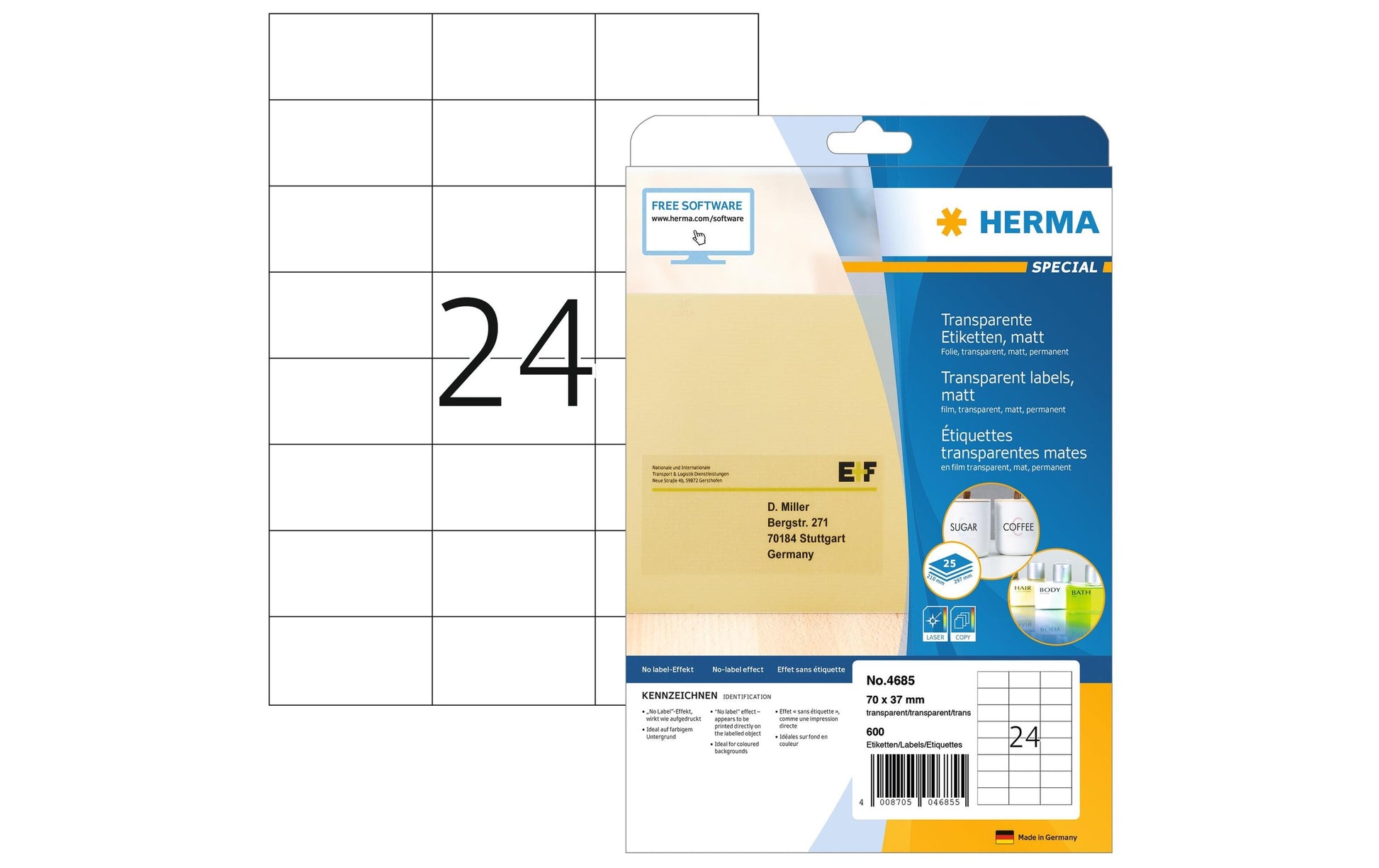HERMA Schuletiketten – 70 × 37 mm, 600 Stk, Folie, Transparent, Permanent haftend