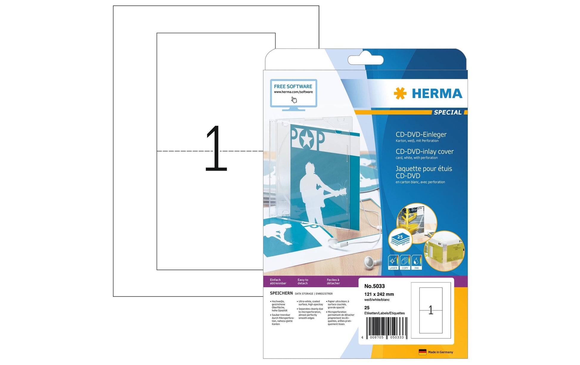 HERMA Druckkarten A4 (121 × 242 mm), 170 g/m², weiss, Karton – für Inkjet, Laser, Kopierer – 25 Karten