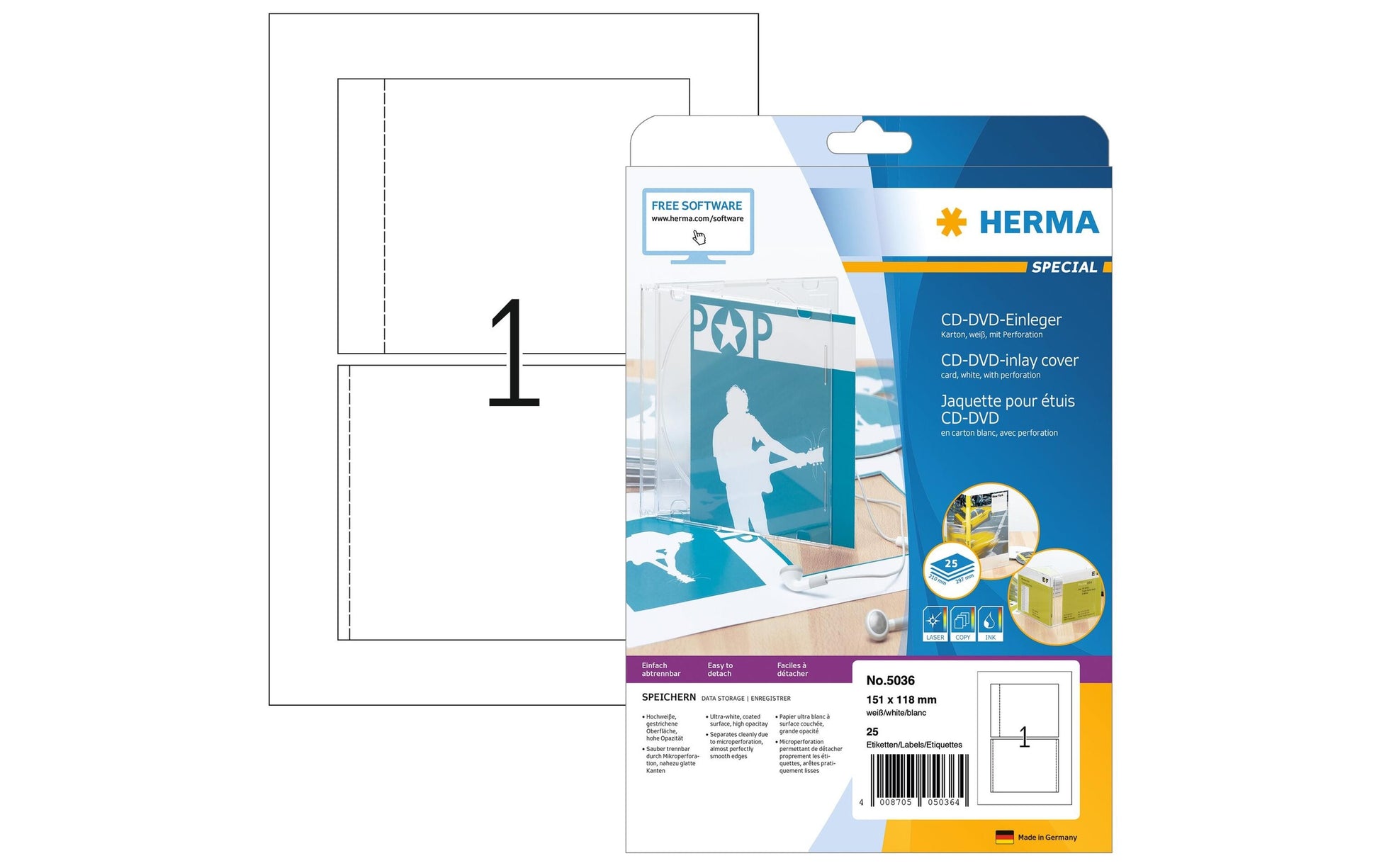 HERMA Druckkarten A4 (151 × 118 mm), 170 g/m², weiss, Karton – für Inkjet, Laser, Kopierer – 25 Karten