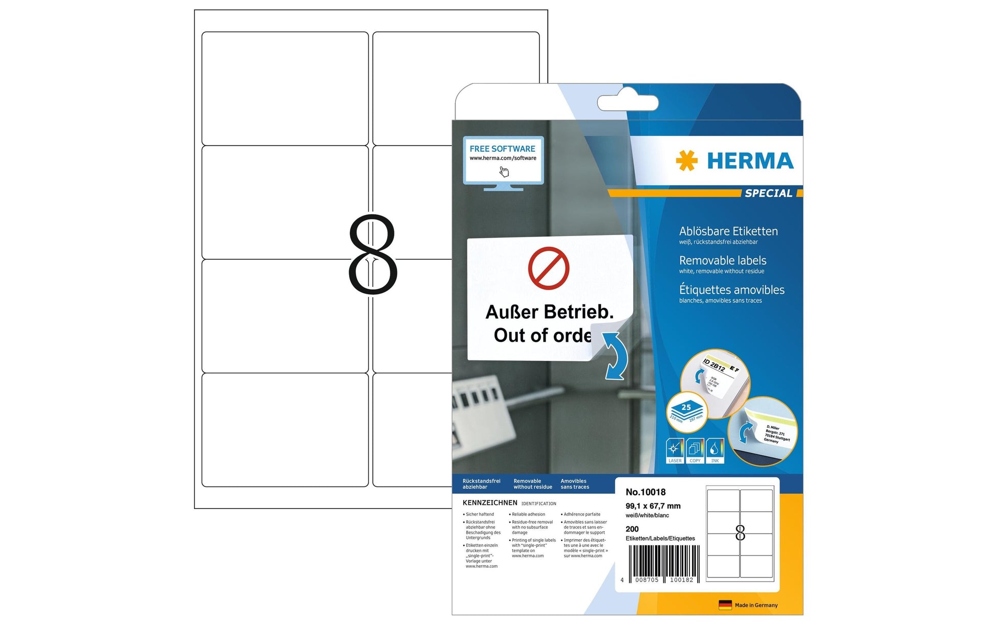 HERMA Drucketiketten, 99 mm × 68 mm, weiss, Papier, wiederablösbar, 25 Blätter (200 Etiketten)