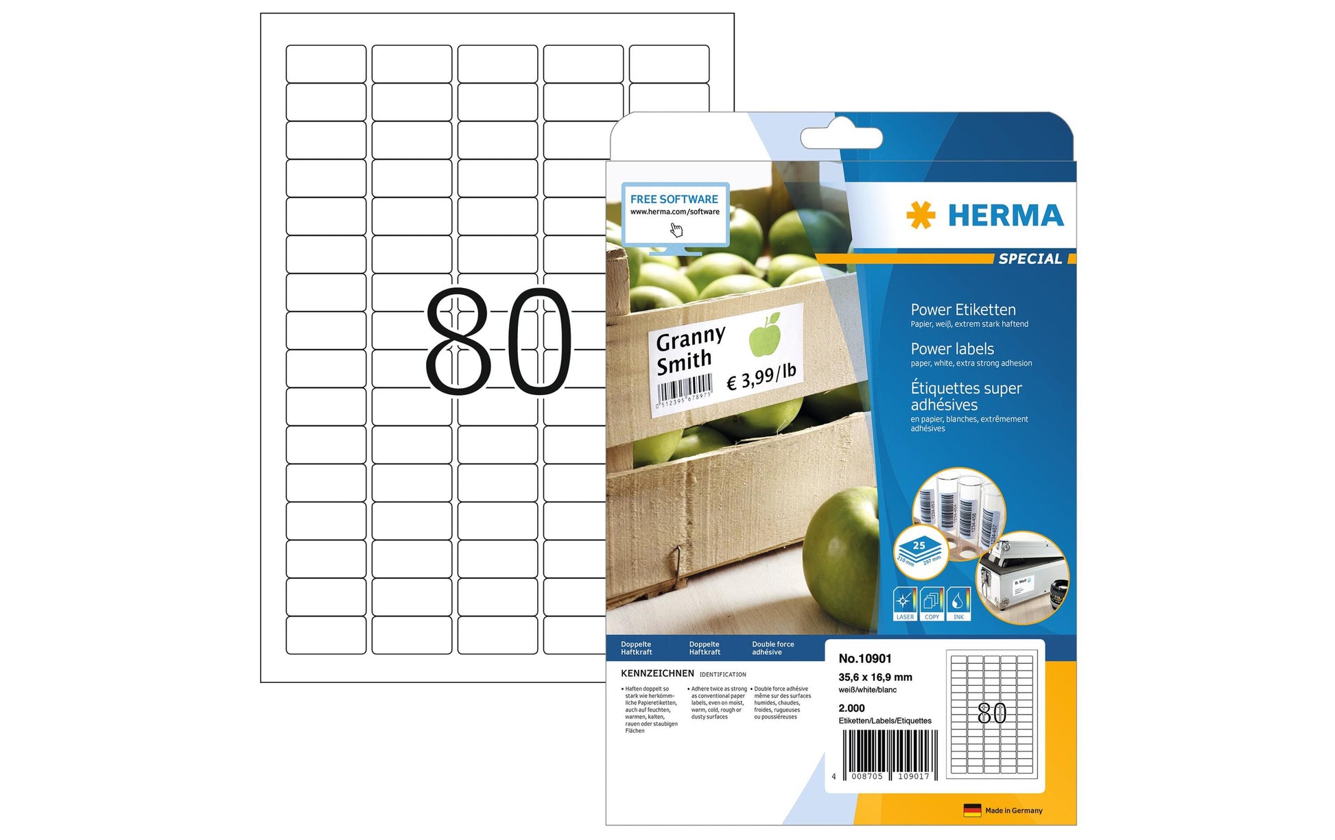 HERMA Druckeretiketten, 36 mm × 17 mm, weiss, Papier, extra stark, 25 Blatt
