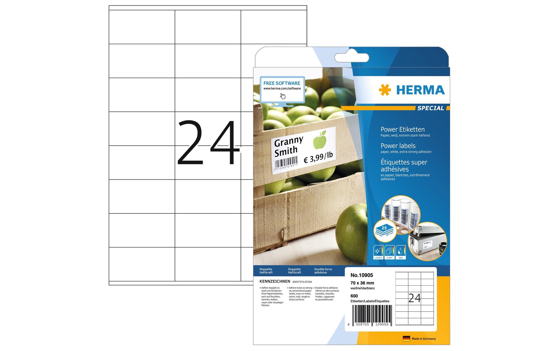 HERMA Druckeretiketten, 70 mm × 36 mm, weiss, Papier, extra stark, 25 Blätter (600 Etiketten)