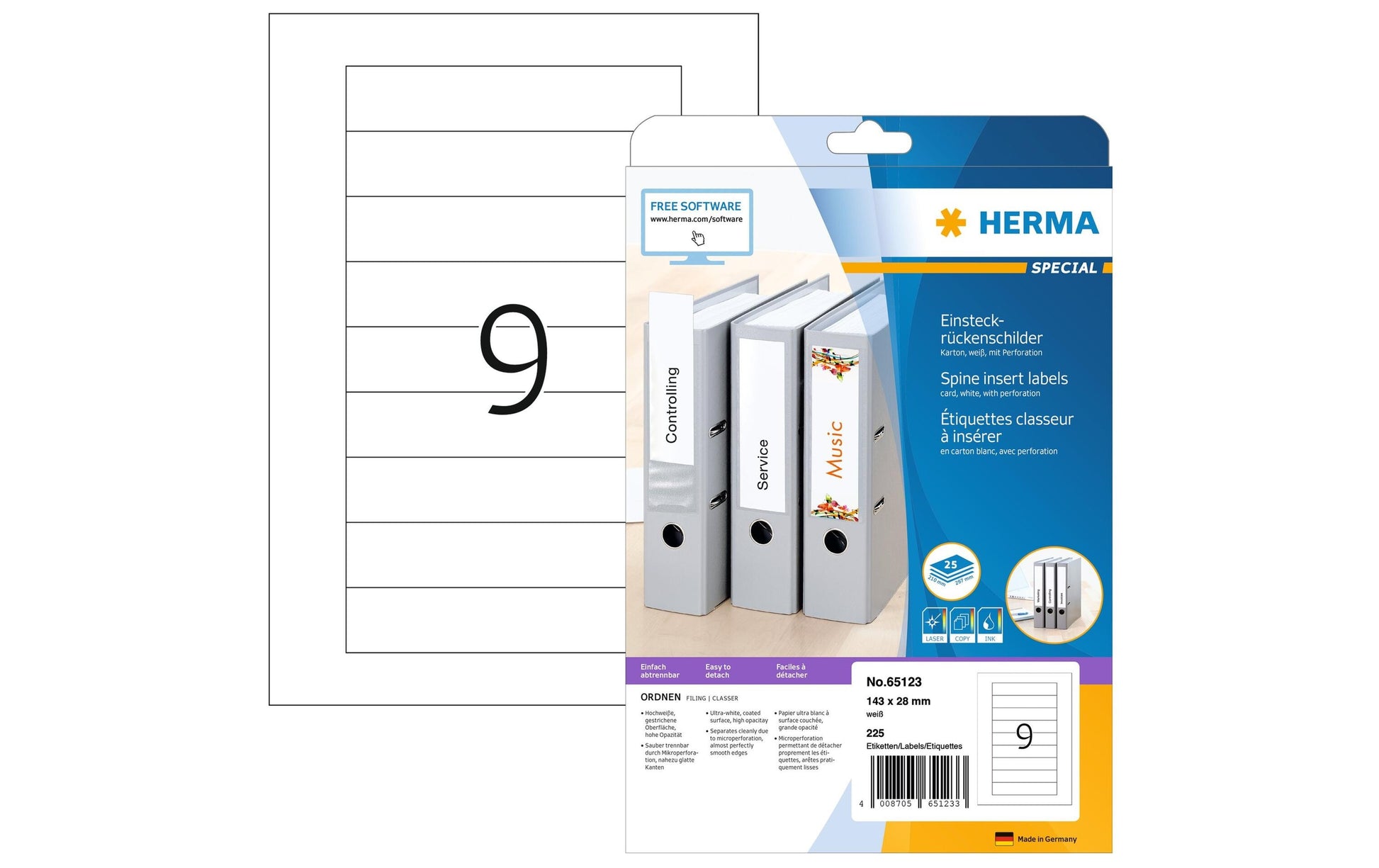 HERMA Schuletiketten – für Rückenbreite 4 cm – 28×143 mm, 225 Stk, 25 Bogen, Papier, nicht klebend