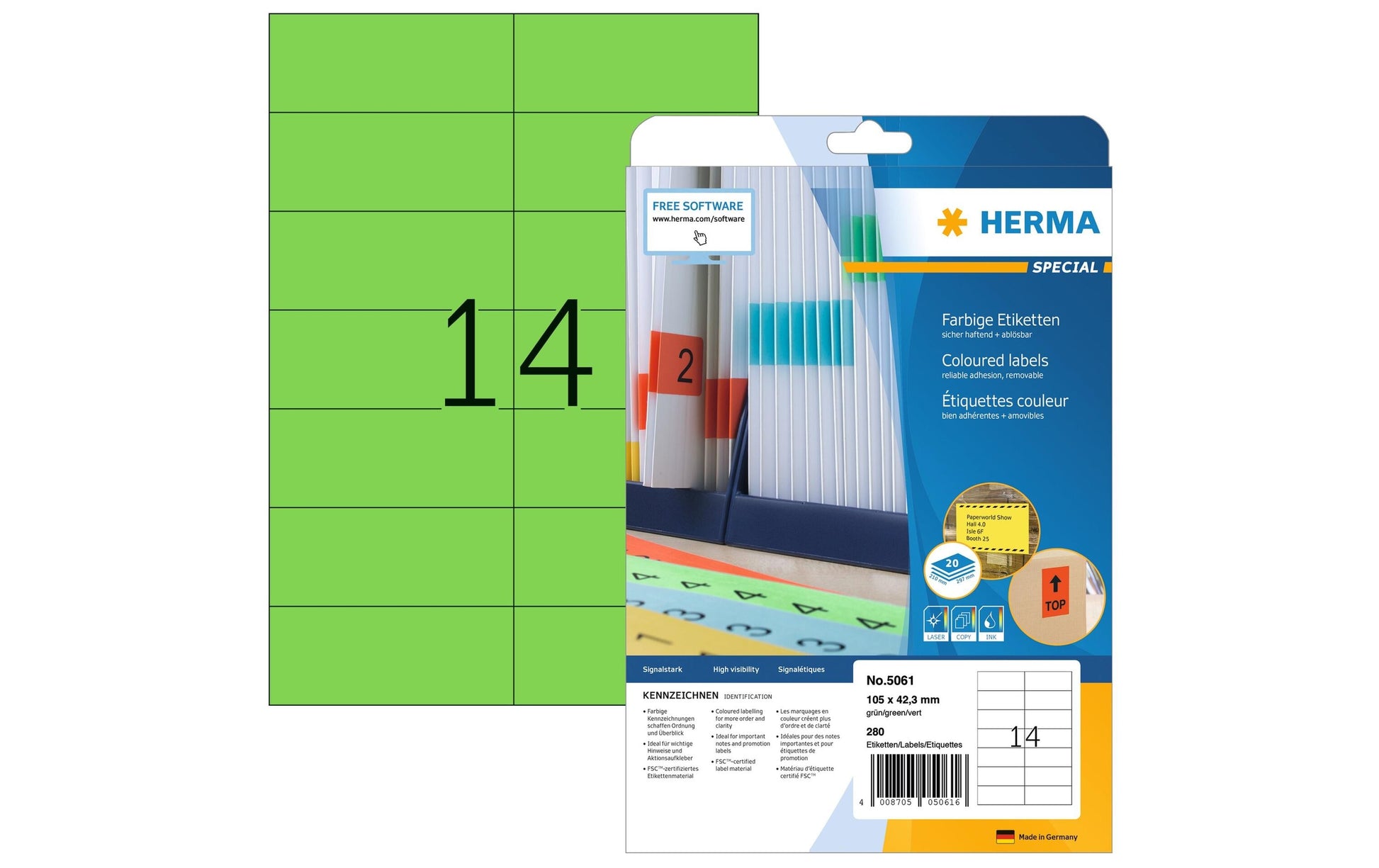 HERMA Druckeretiketten, 105 mm × 42 mm, grün, Papier, wiederablösbar, 280 Etiketten (20 Blatt)