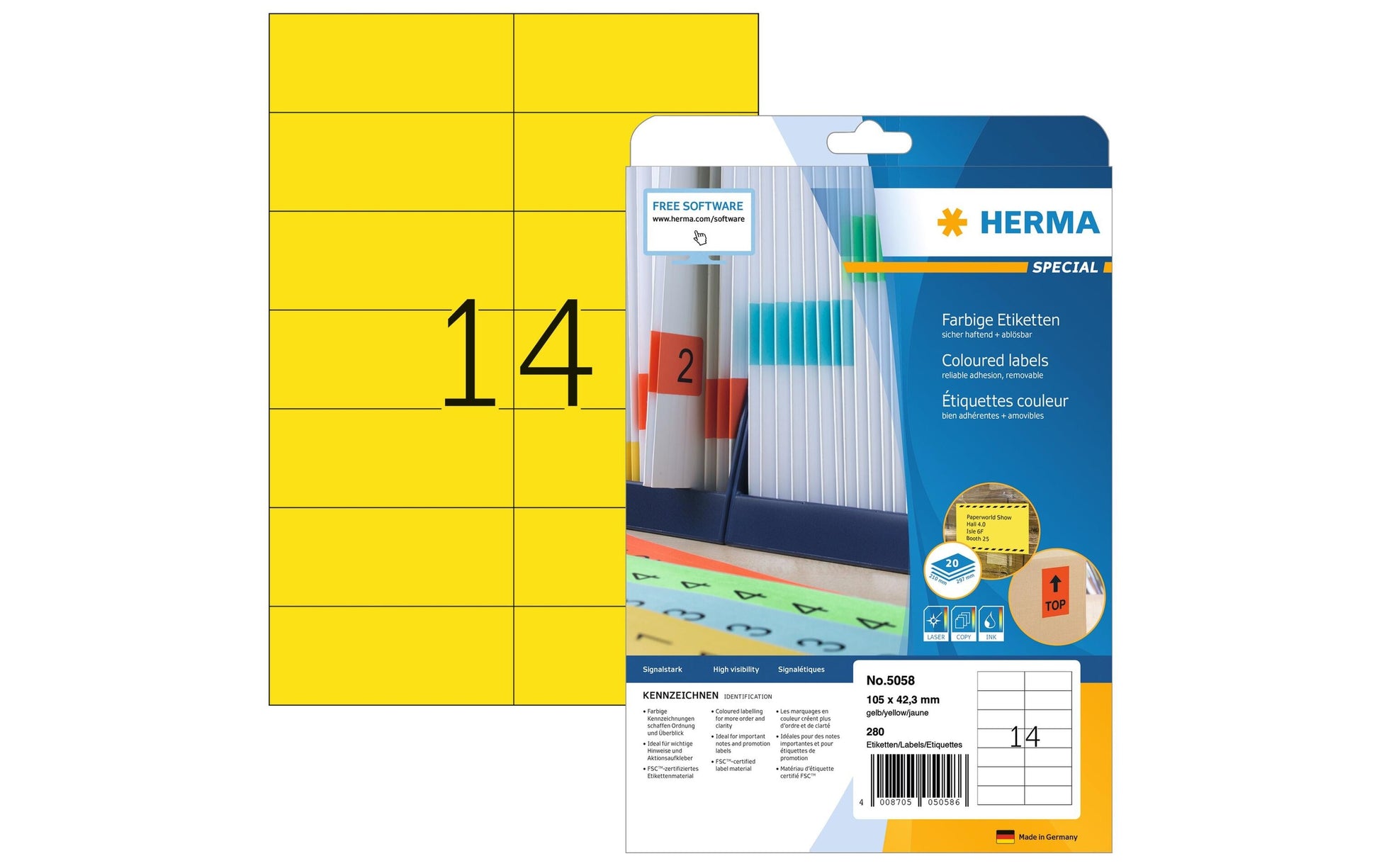 HERMA Etiketten (A4-Bogen), 105 mm × 42 mm, Gelb, Papier, Wiederablösbar, 20 Blätter (280 Etiketten)