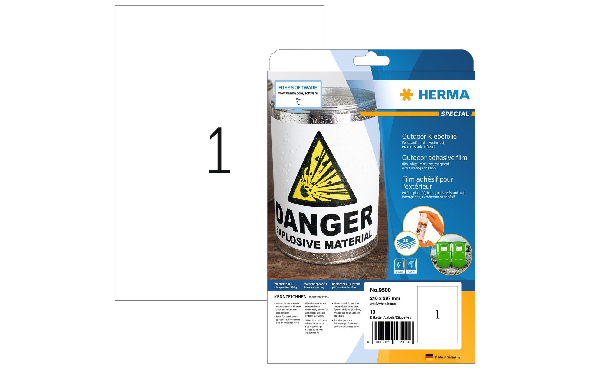 HERMA Druckeretiketten, 210 mm × 297 mm, weiss, Folie, extra stark, 10 Blatt
