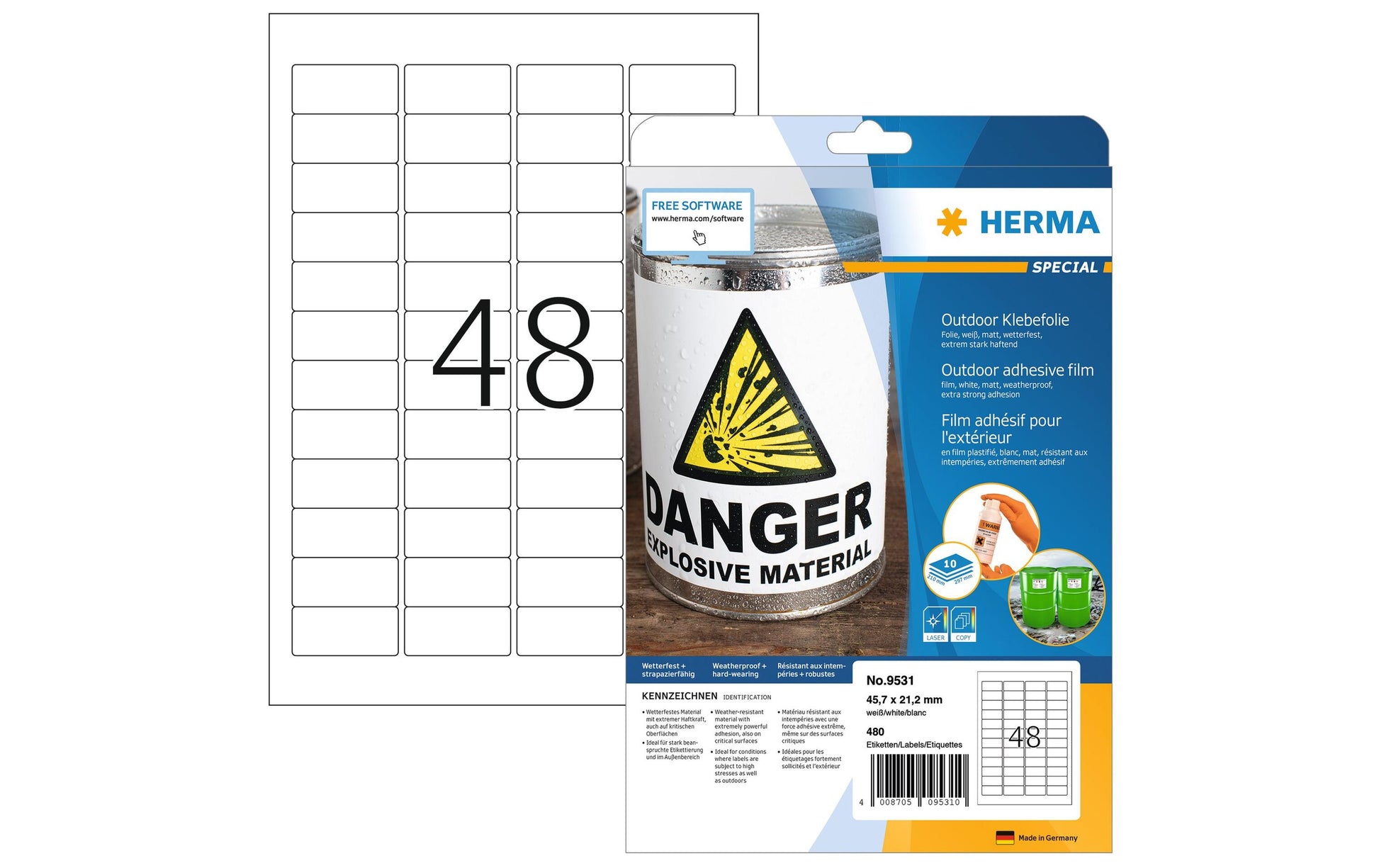HERMA Druckeretiketten, 46 mm × 21 mm, weiss, Folie, extra stark, 480 Etiketten (10 Blatt)