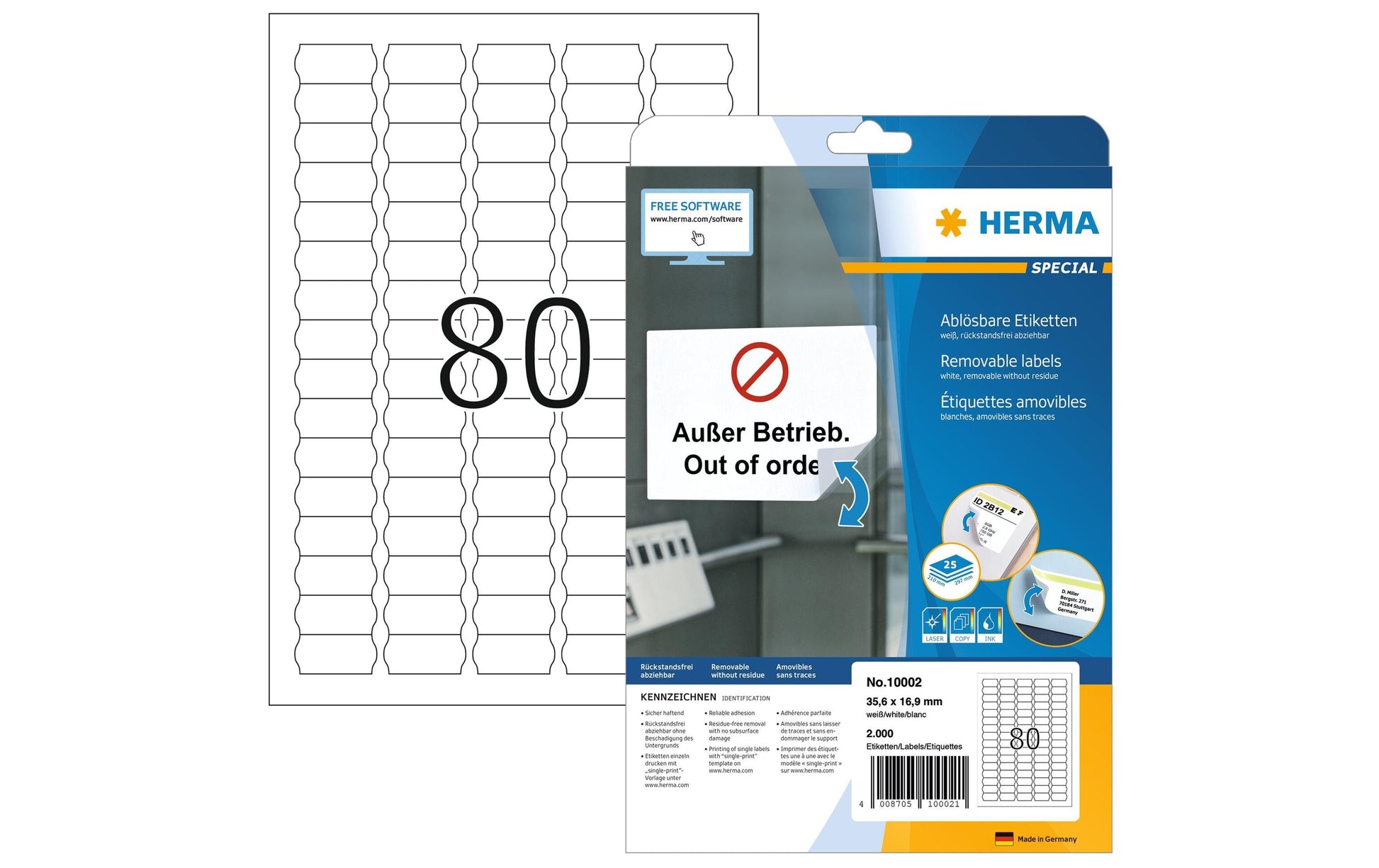 HERMA Etiketten, 36 mm × 17 mm, weiss, Papier, ablösbar, 25 Blatt (2'000 Etiketten)