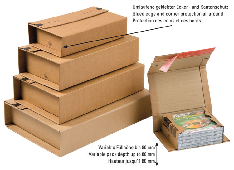 Colompac Versandverpackung – für DIN A4, 302 × 215 × 1–80 mm, selbstklebend, Aufreissband – 20 Stk.