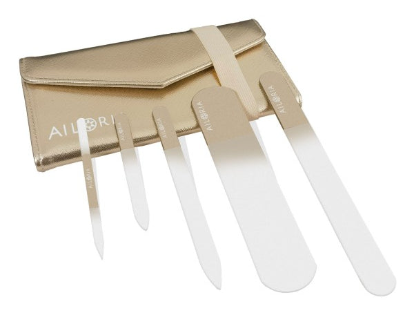 Ailoria Nagelfeilenset – 5 Stk, Glasfeilen – Gold – Kunstlederetui