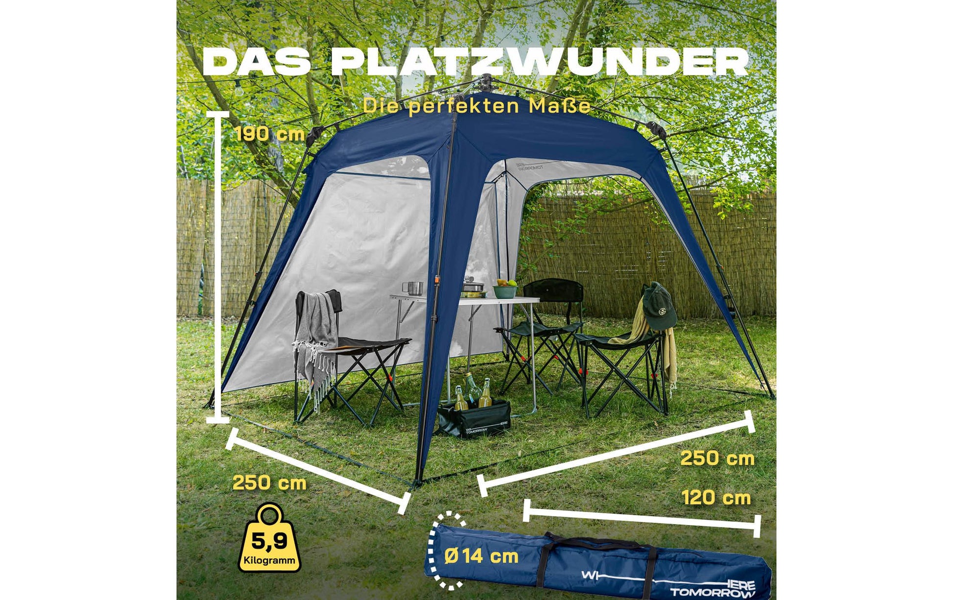 Where Tomorrow – Pop-up Pavillon – Wasserfest, UV-Schutz – 250×190×250 cm – Blau – Polyester