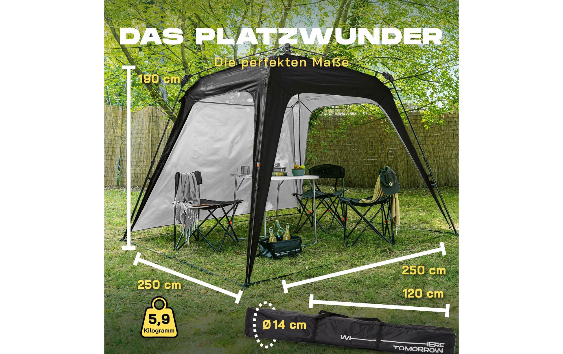 Where Tomorrow Pop-up Pavillon – Schwarz – 250 × 250 × 190 cm – Polyester – für Aussenbereich