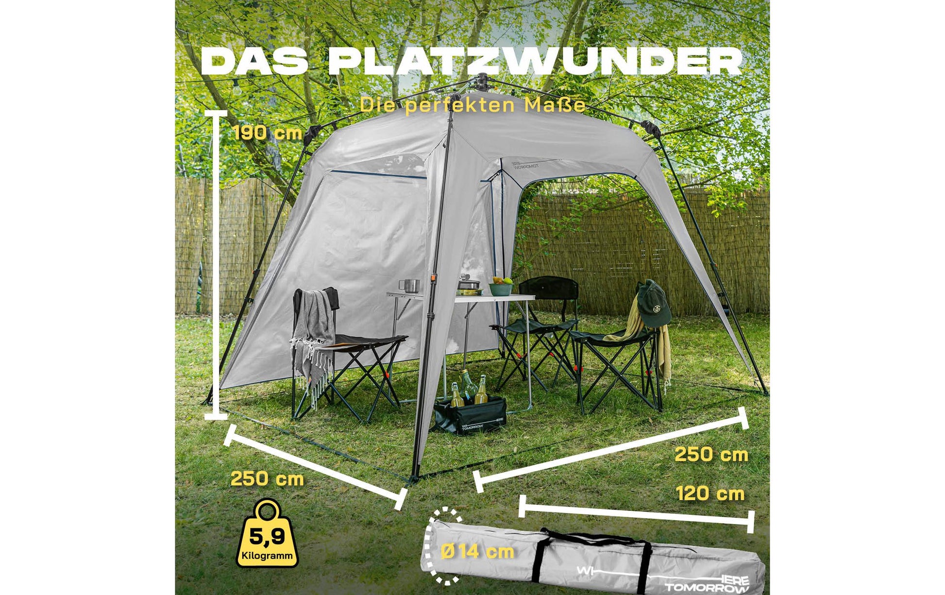 Where Tomorrow – Pop Up Pavillon – Wasserfest, UV-Schutz – 250 × 190 × 250 cm – Hellgrau – Polyester