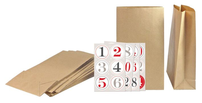 Braun + Company Adventskalender-Geschenktüten-Set – 12 × 6 × 21 cm, Papier, mit Zahlen, 4596 0001, 28 Stück