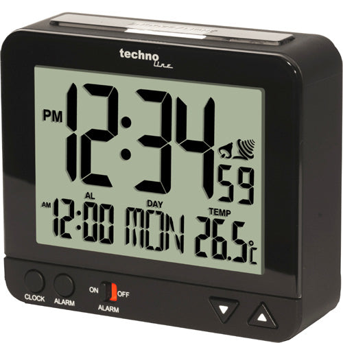 Technoline Digitalwecker – Funk, Schlummerfunktion, Nachtlicht, Thermometer, 9,6 × 8 × 3,2 cm, Schwarz
