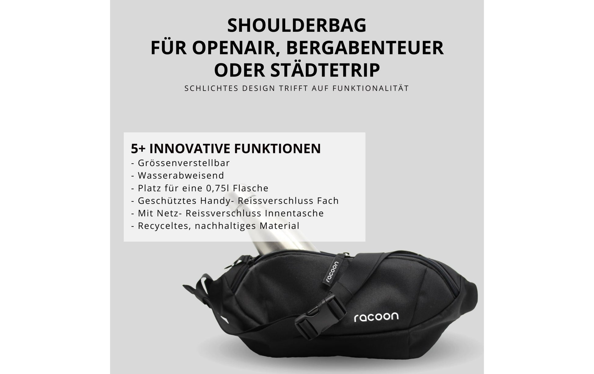Racoon – Schultertasche – wasserabweisend, verstellbarer Schulterriemen – 2,8 l – schwarz