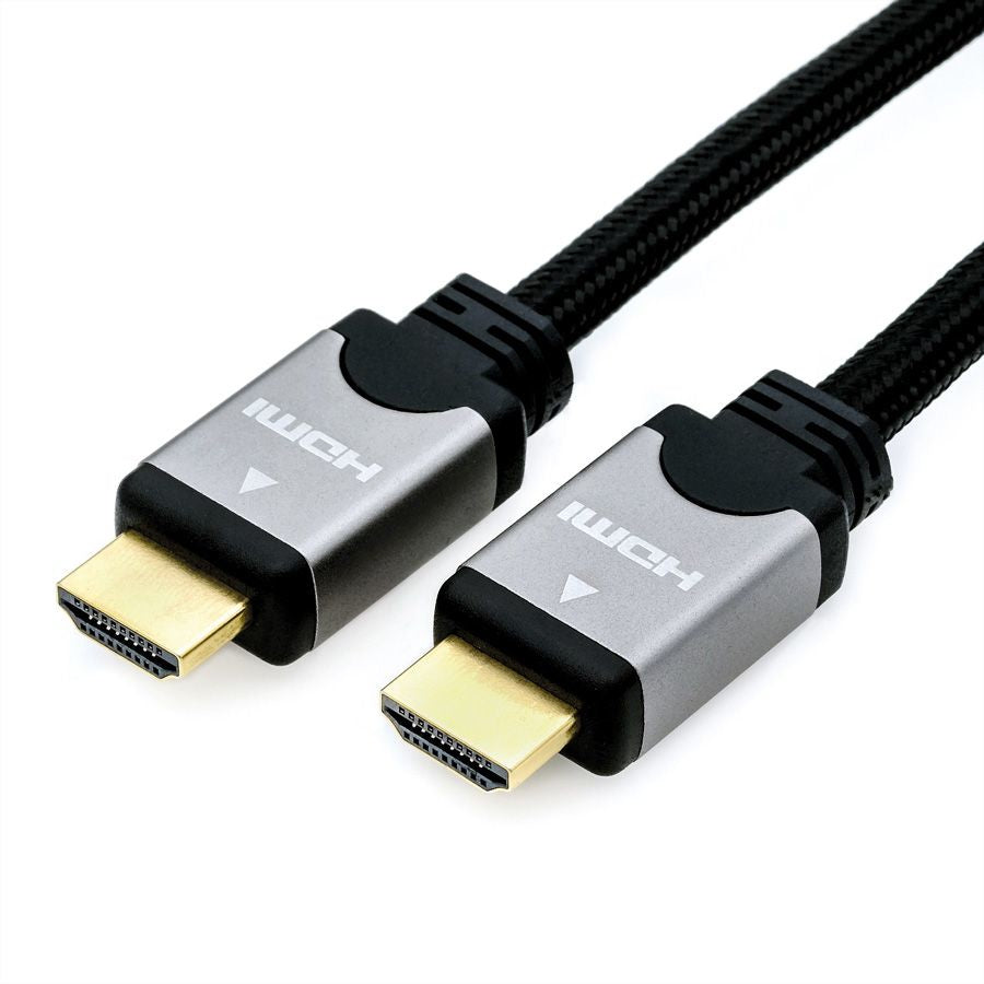 ROLINE HDMI Kabel HDMI High Speed 1080p 60 Hz – 7,5 m – Ethernet, geflochten – Schwarz/Silber – für TV, Beamer