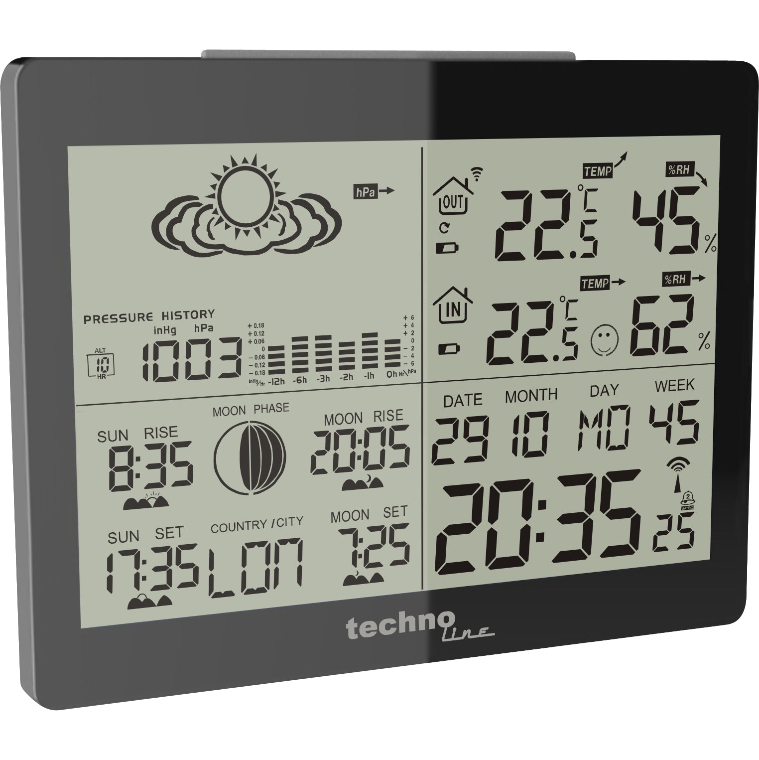 Technoline WS6760 – Wetterstation, Funk (433 MHz), Innen/Aussen, Hygrometer & Barometer – Schwarz