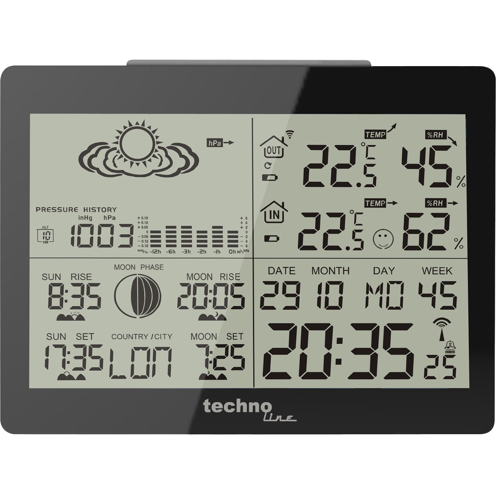 Technoline WS 6760 – Wetterstation, innen/aussen, Hygrometer & Barometer, inkl. Aussensender TX70DTH – schwarz