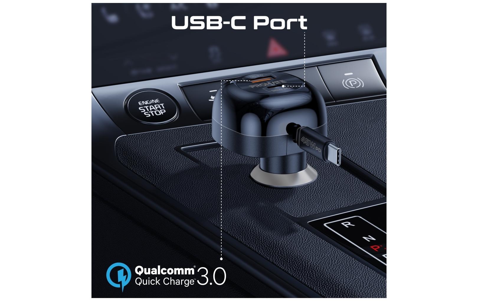 Promate PowerDrive-RC65 Auto-Ladegerät 62 W – USB-C×1, USB-A×1 – PD, QC 3.0 – 12 V KFZ-Stecker