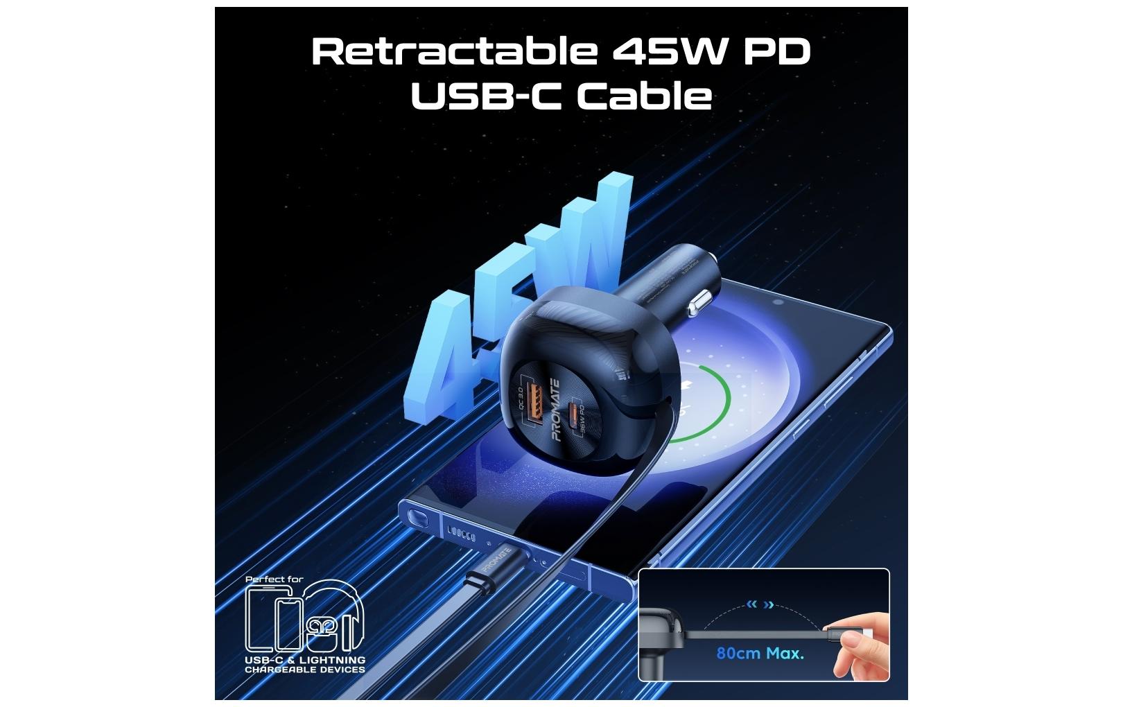 Promate PowerDrive-RC65 Auto-Ladegerät 62 W – USB-C×1, USB-A×1 – PD, QC 3.0 – 12 V KFZ-Stecker