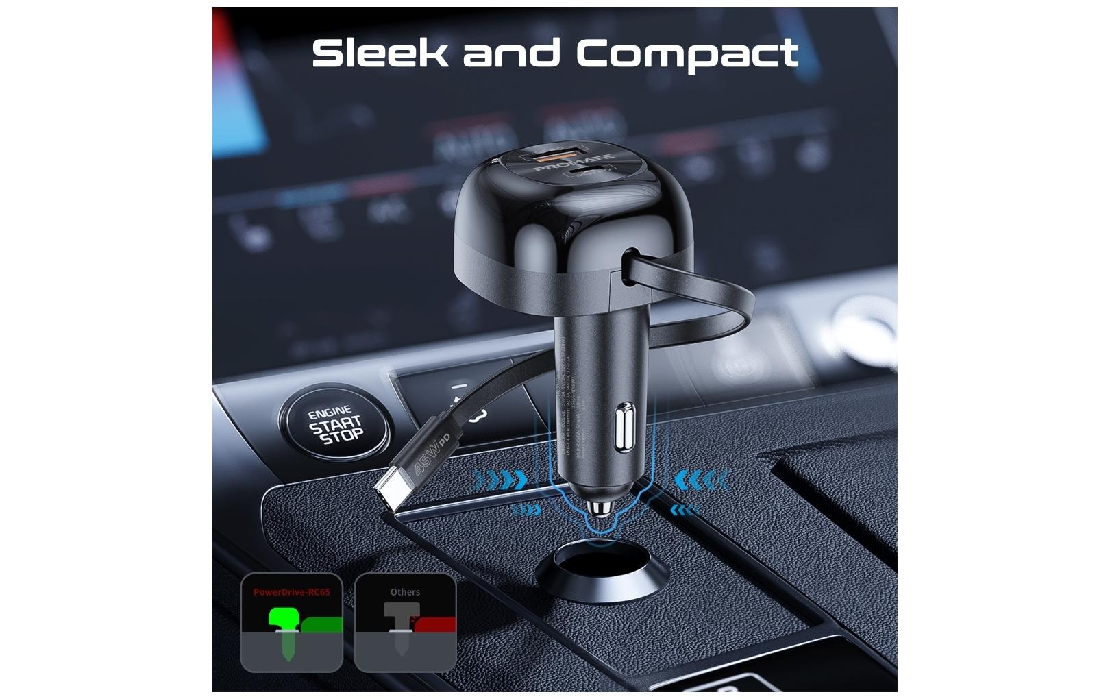 Promate PowerDrive-RC65 Auto-Ladegerät 62 W – USB-C×1, USB-A×1 – PD, QC 3.0 – 12 V KFZ-Stecker