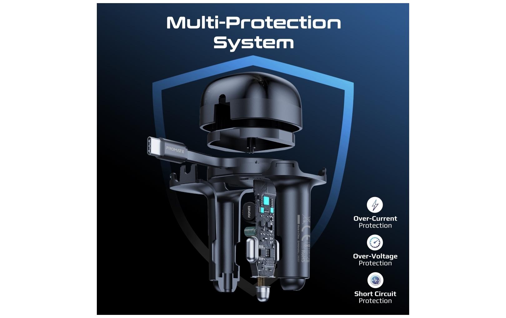 Promate PowerDrive-RC65 Auto-Ladegerät 62 W – USB-C×1, USB-A×1 – PD, QC 3.0 – 12 V KFZ-Stecker