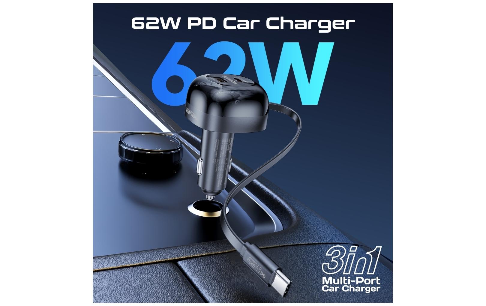 Promate PowerDrive-RC65 Auto-Ladegerät 62 W – USB-C×1, USB-A×1 – PD, QC 3.0 – 12 V KFZ-Stecker